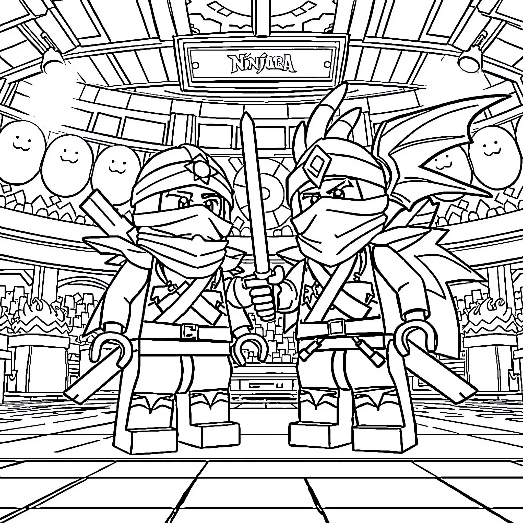 Ninjago Ninjas in Epic Battle Scene Coloring Page (free black-and-white line drawing printable PDF for all, from beginners to advanced learners, including children, teens, adults, and seniors)