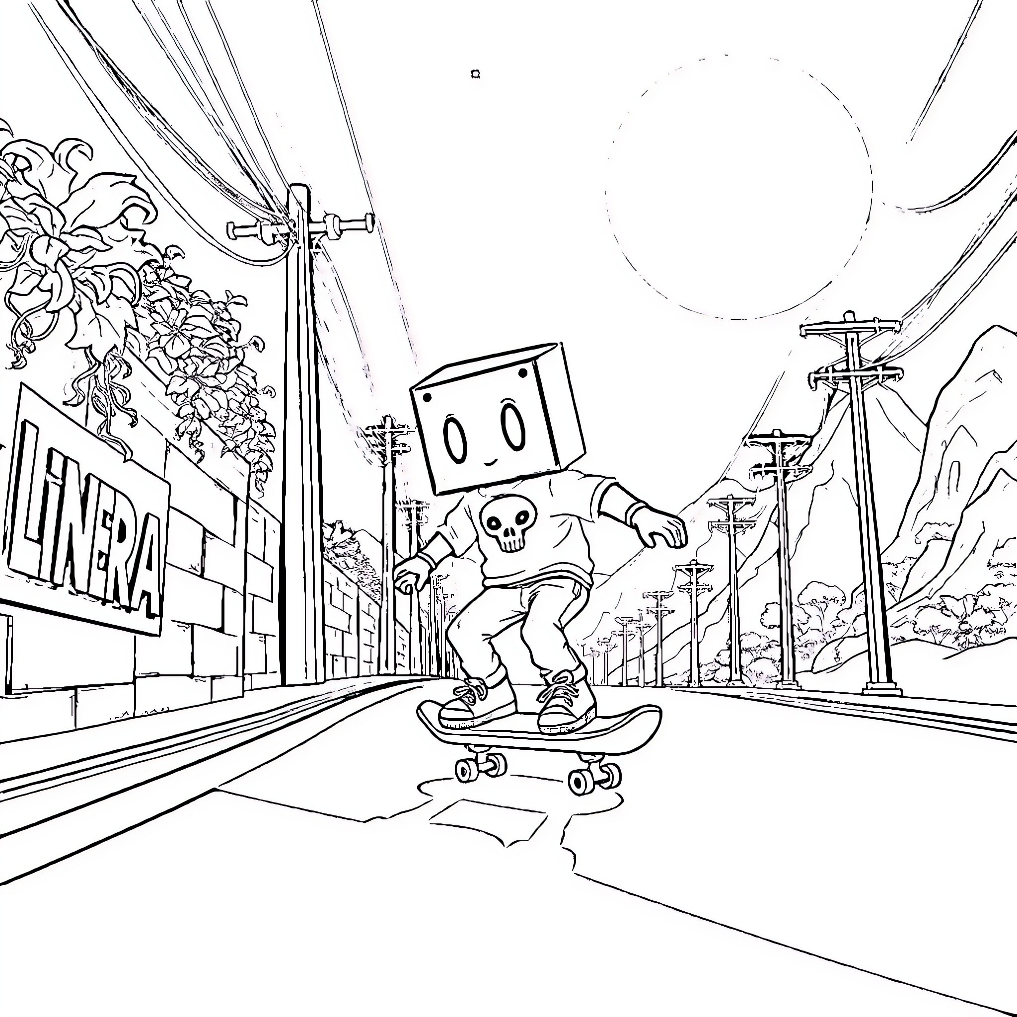 Box-Head Character Skateboarding on City Street Coloring Page (free black-and-white line drawing printable PDF for all, from beginners to advanced learners, including children, teens, adults, and seniors)