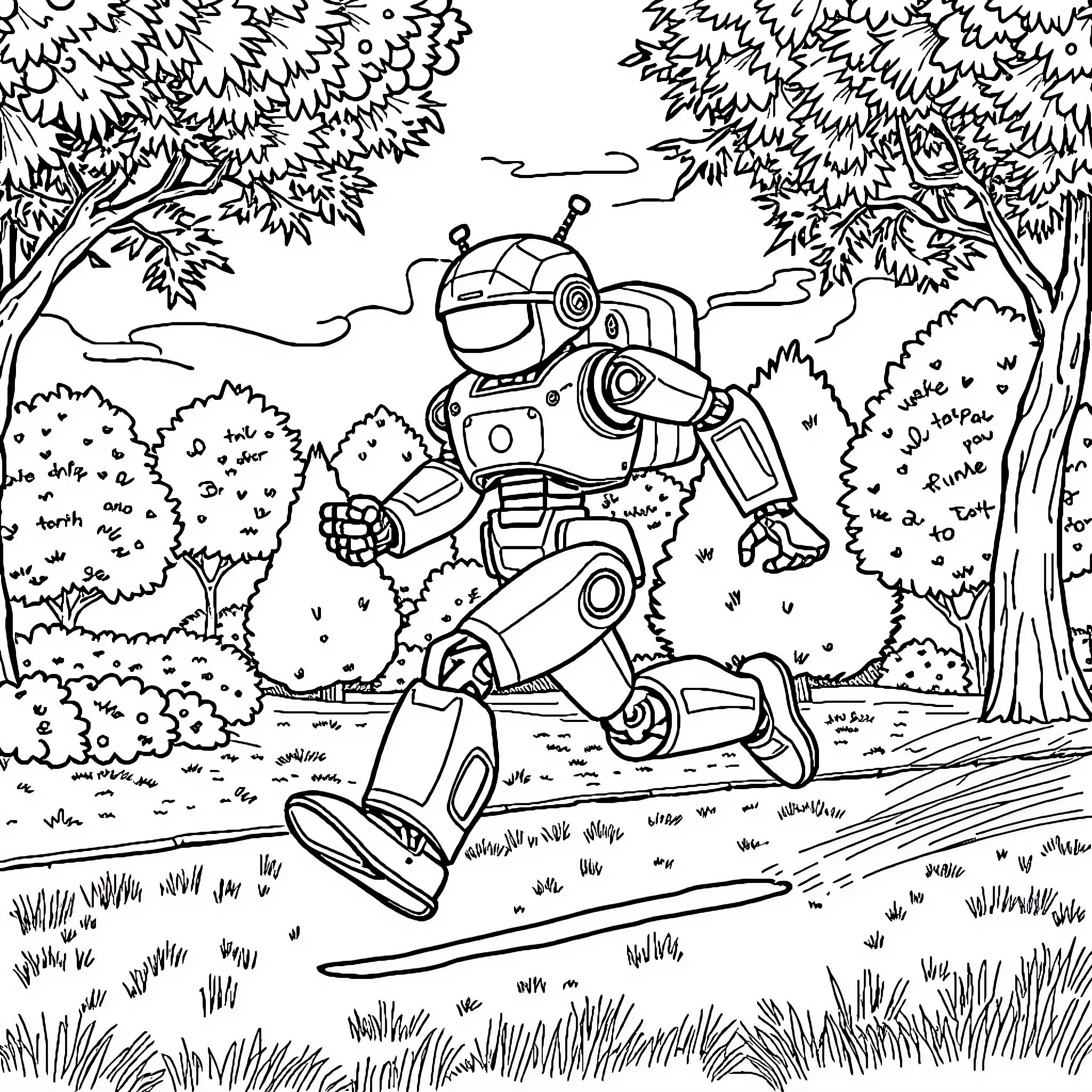 Humanoid Robot Exploring Lush Forest Landscape Coloring Page (free black-and-white line drawing printable PDF for all, from beginners to advanced learners, including children, teens, adults, and seniors)
