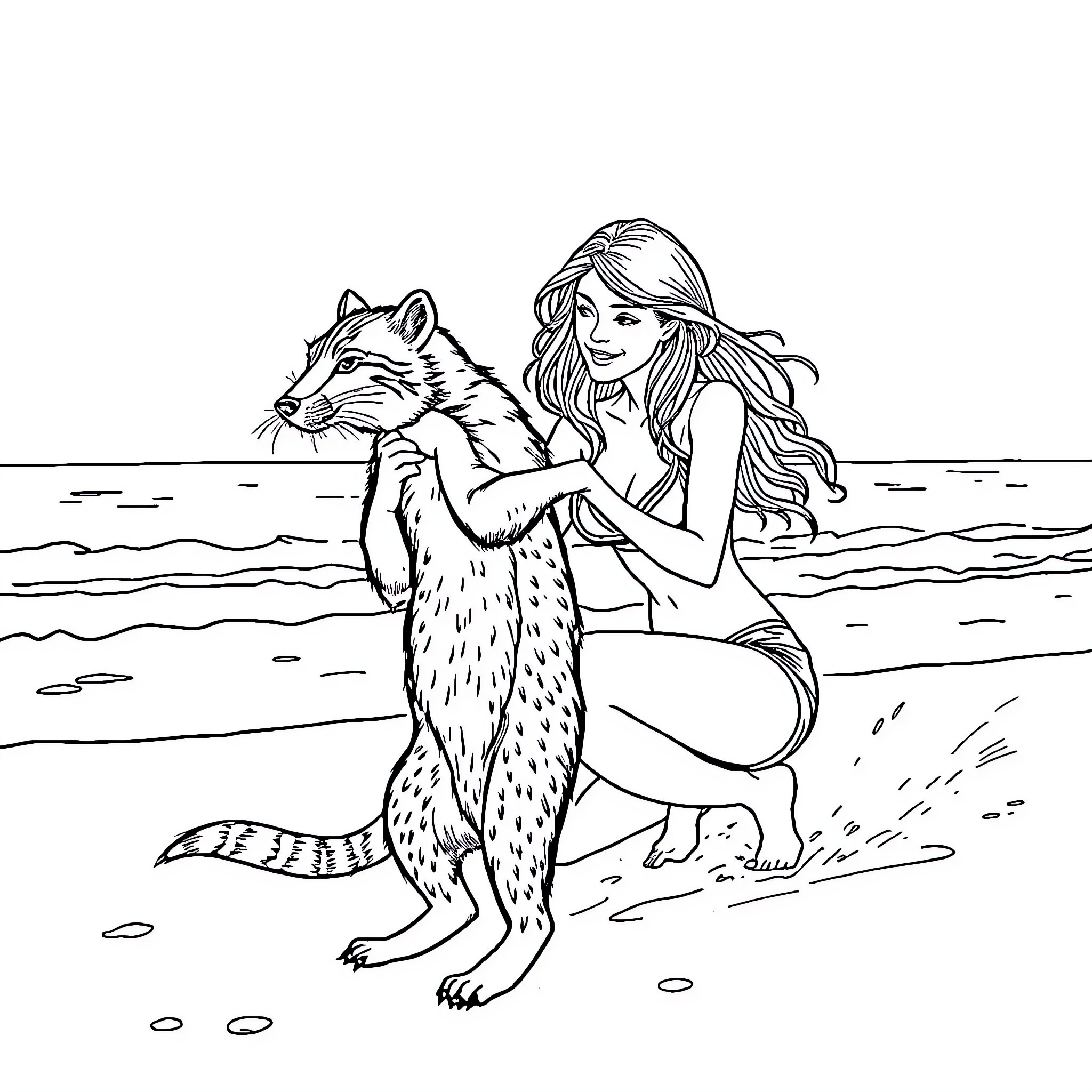 Woman befriending a raccoon on the beach Coloring Page (free black-and-white line drawing printable PDF for all, from beginners to advanced learners, including children, teens, adults, and seniors)
