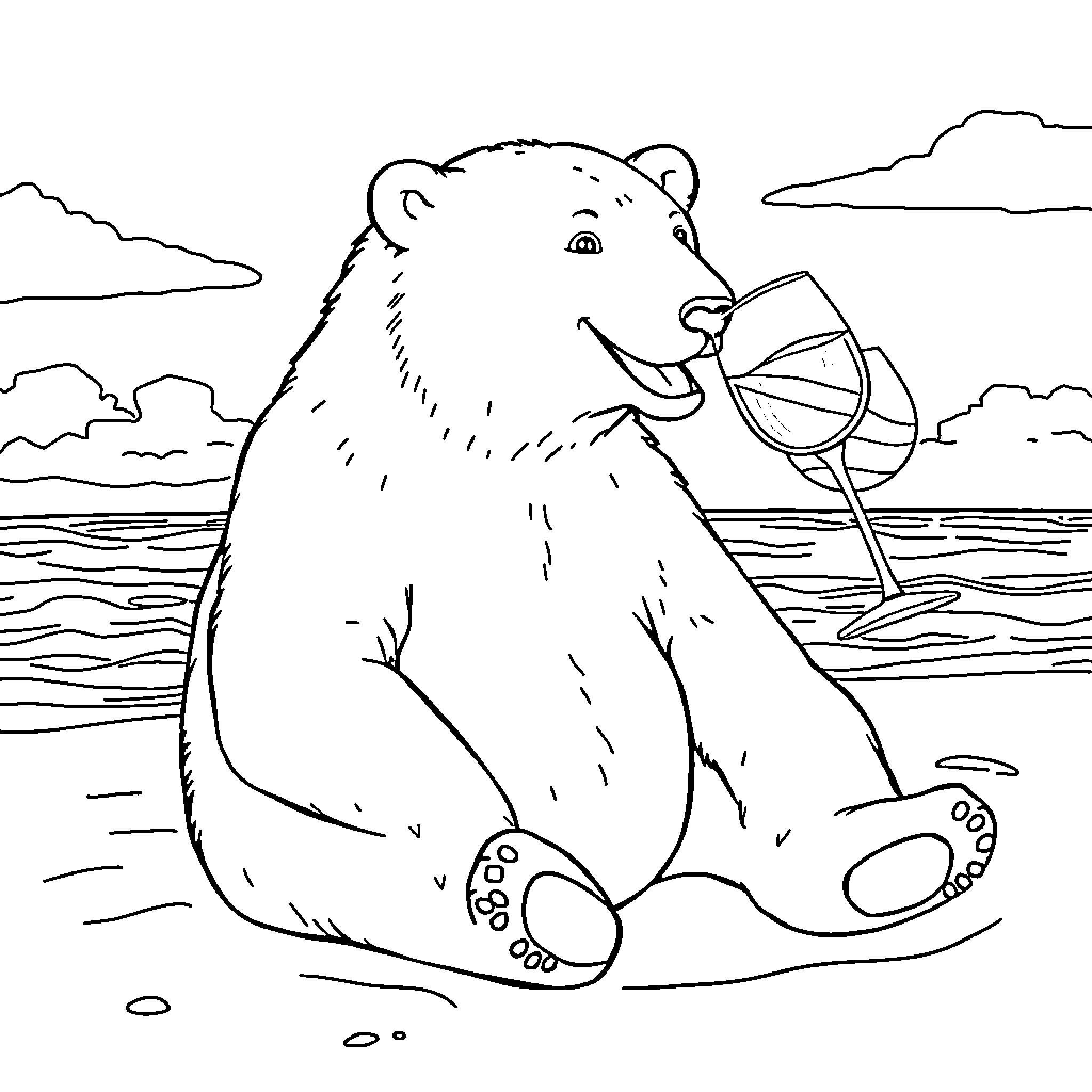Polar Bear Relaxing on the Beach Coloring Page (free black-and-white line drawing printable PDF for all, from beginners to advanced learners, including children, teens, adults, and seniors)