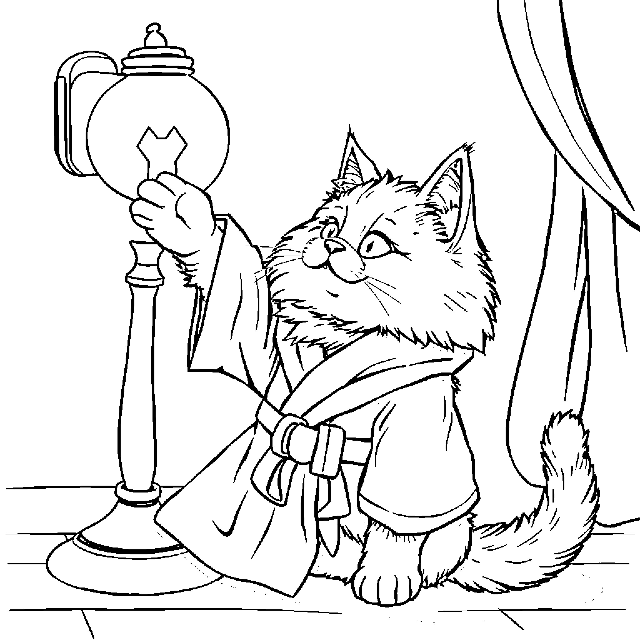 Cat dressed up and looking at mirror Coloring Page (free black-and-white line drawing printable PDF for all, from beginners to advanced learners, including children, teens, adults, and seniors)