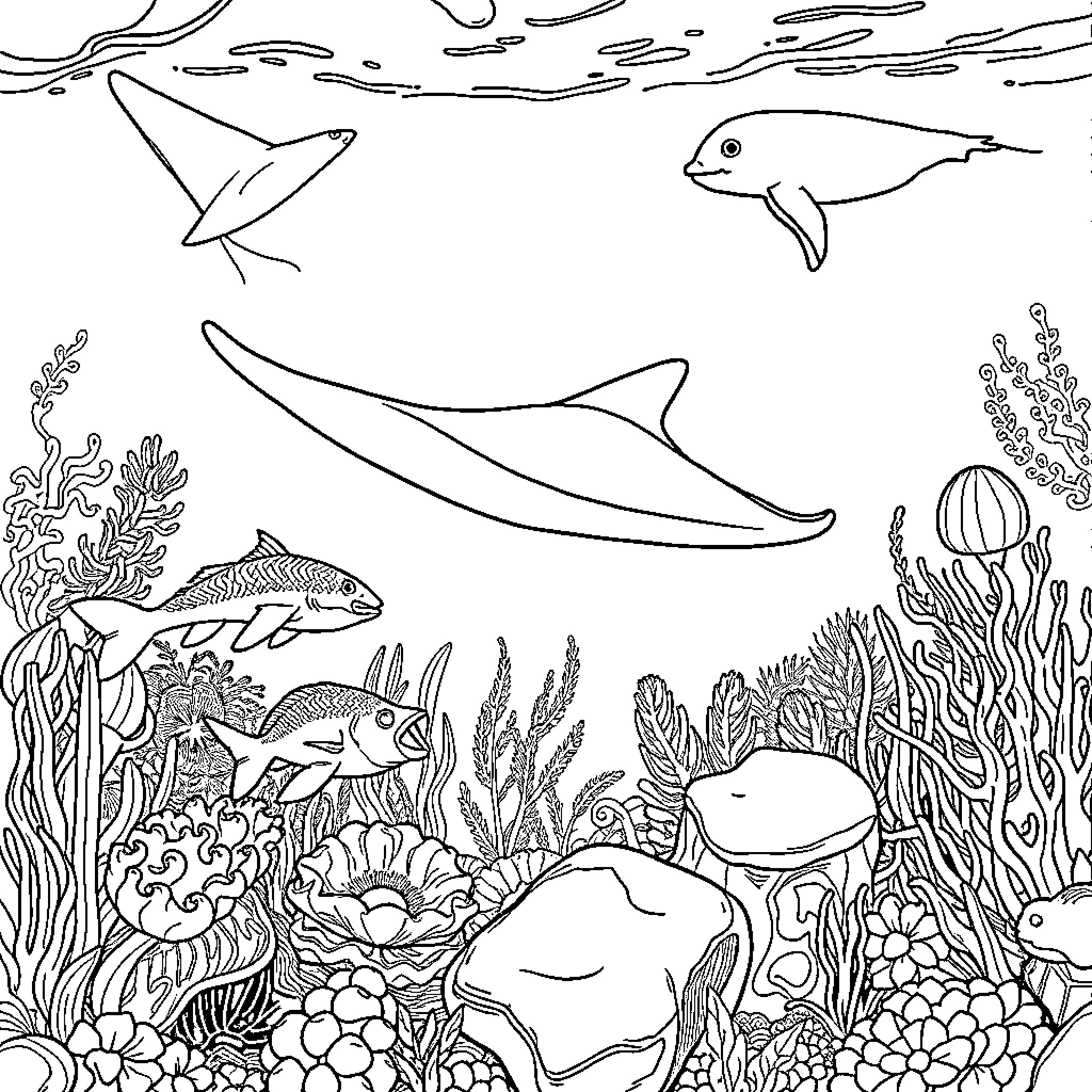 Marine Life Swimming Amongst Vibrant Coral Reef Coloring Page (free black-and-white line drawing printable PDF for all, from beginners to advanced learners, including children, teens, adults, and seniors)
