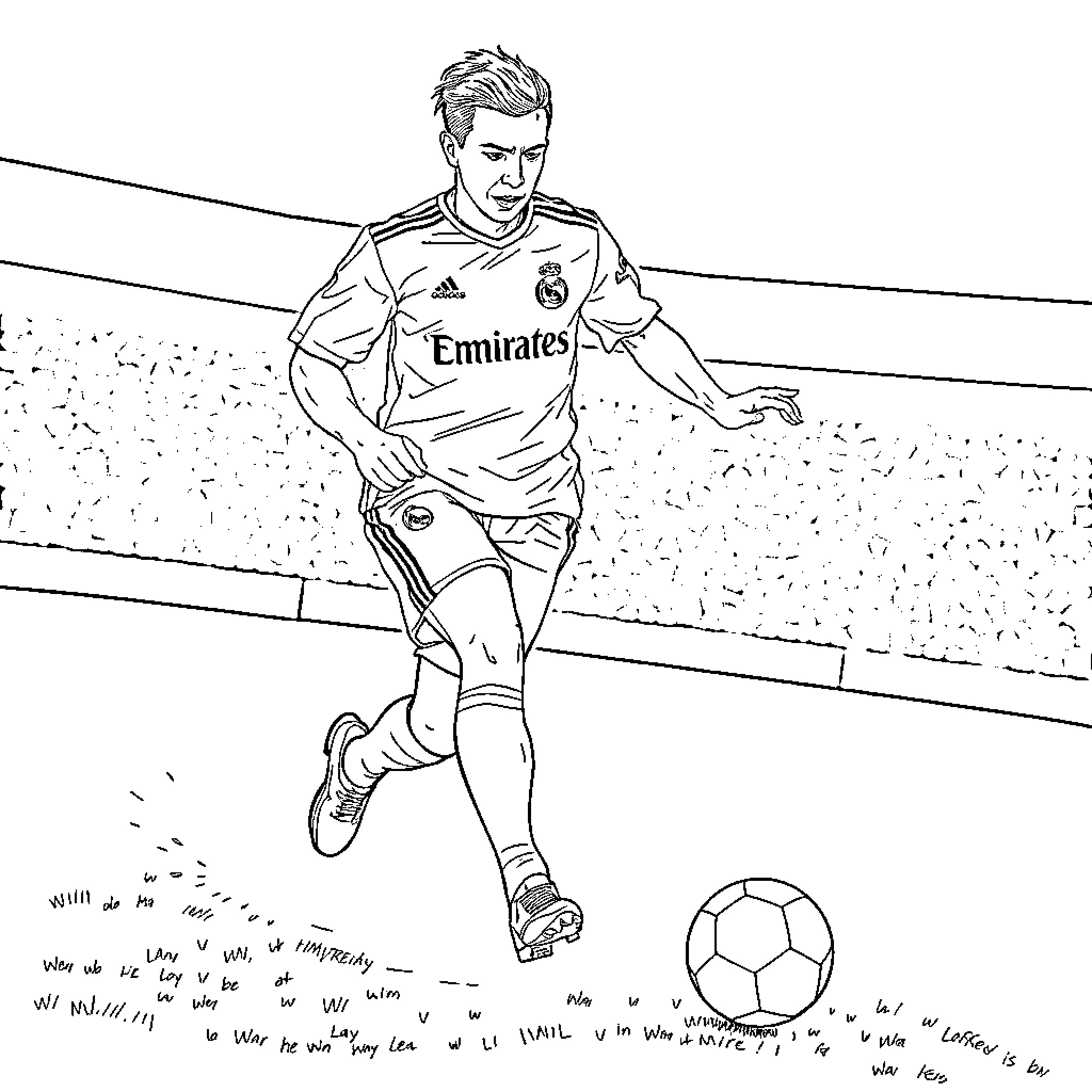 Lamie Yamal playing football on the field Coloring Page (free black-and-white line drawing printable PDF for all, from beginners to advanced learners, including children, teens, adults, and seniors)