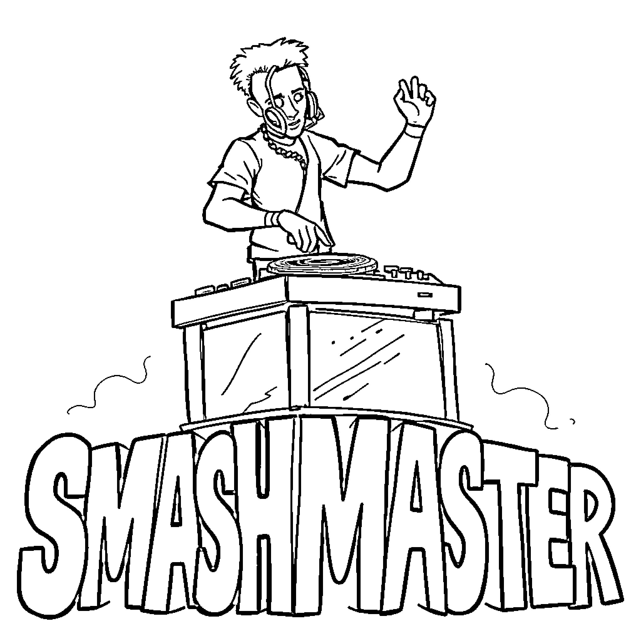 DJ Smash Master Performing on Stage Coloring Page (free black-and-white line drawing printable PDF for all, from beginners to advanced learners, including children, teens, adults, and seniors)
