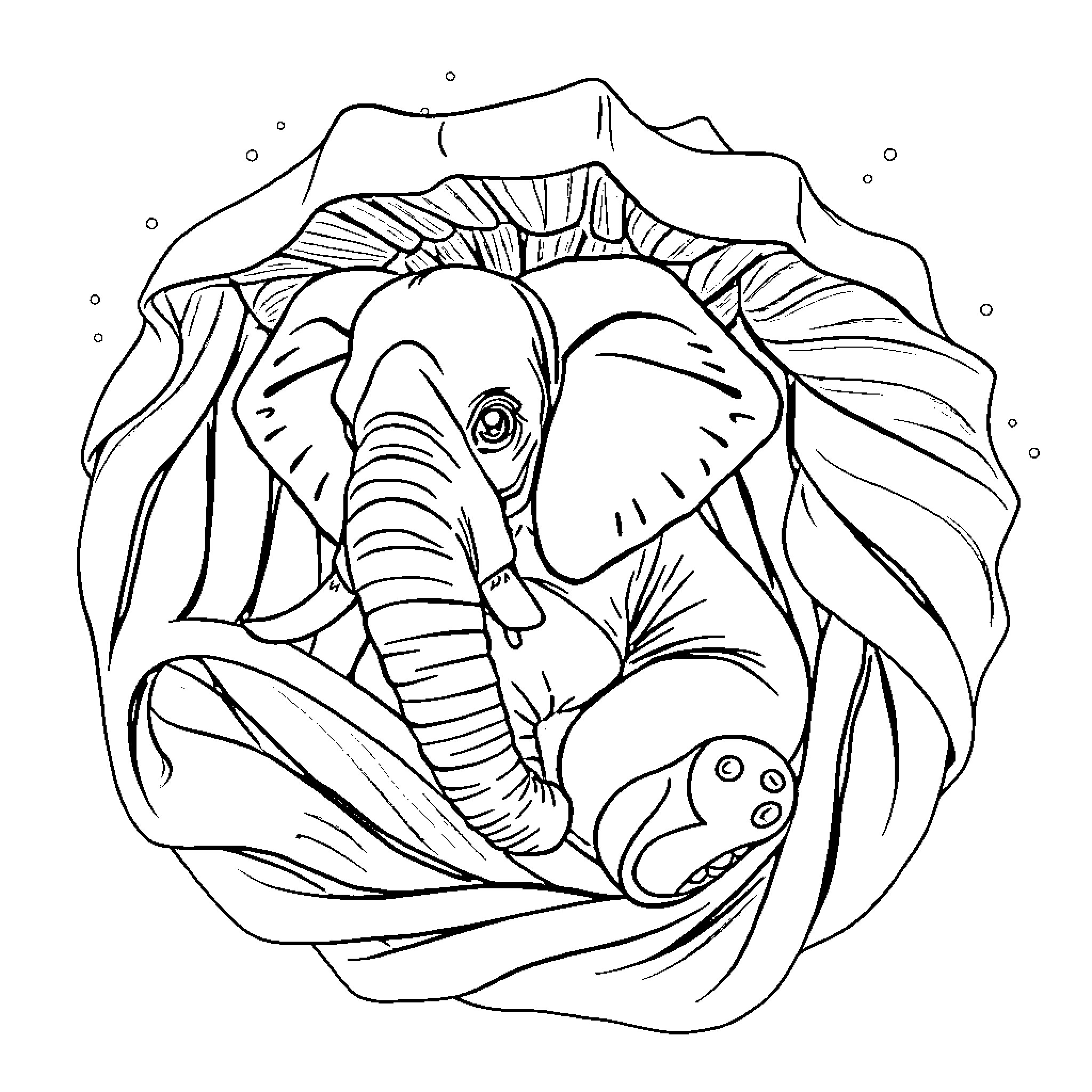 Elephant surrounded by lush foliage Coloring Page (free black-and-white line drawing printable PDF for all, from beginners to advanced learners, including children, teens, adults, and seniors)