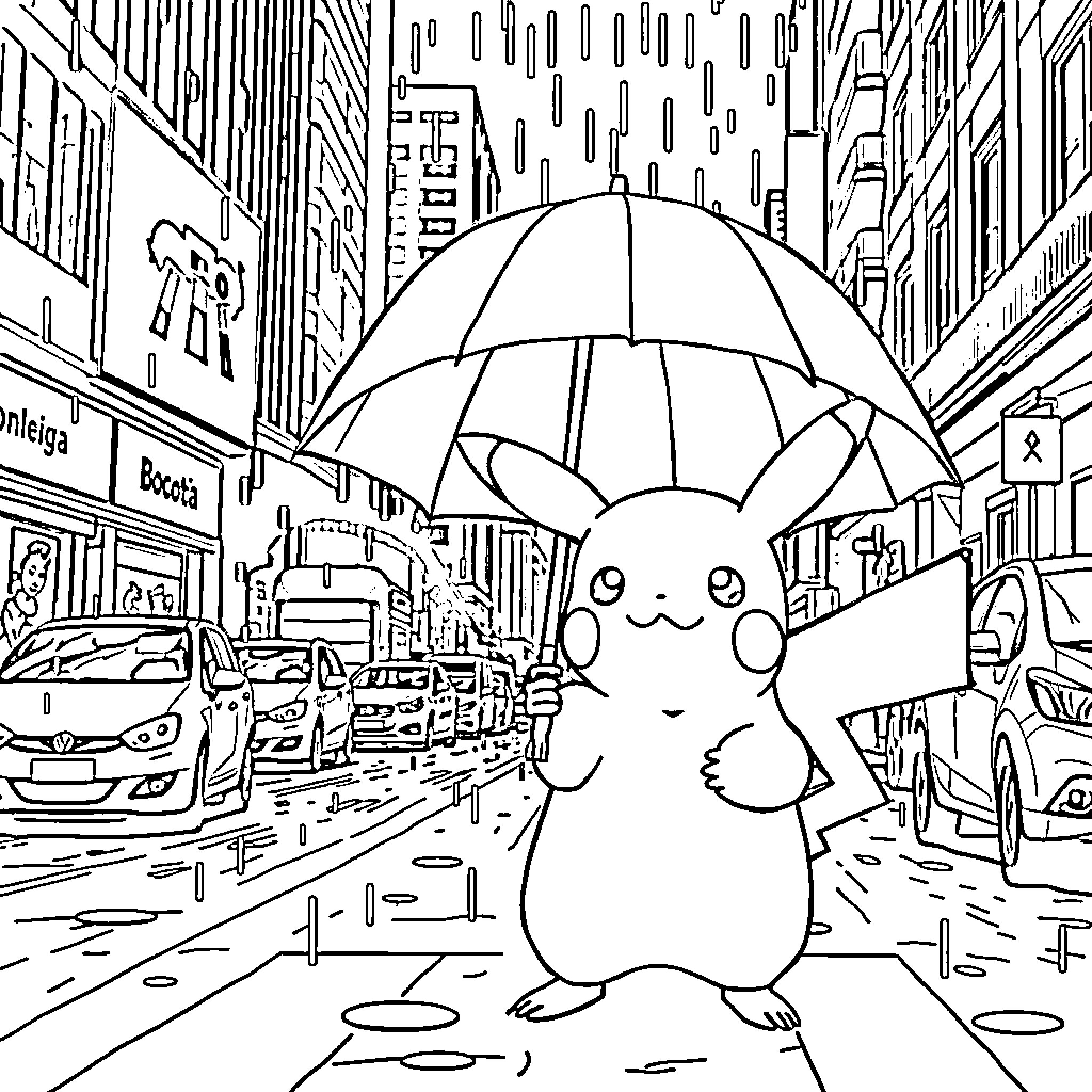 Pikachu exploring the rainy city streets Coloring Page (free black-and-white line drawing printable PDF for all, from beginners to advanced learners, including children, teens, adults, and seniors)