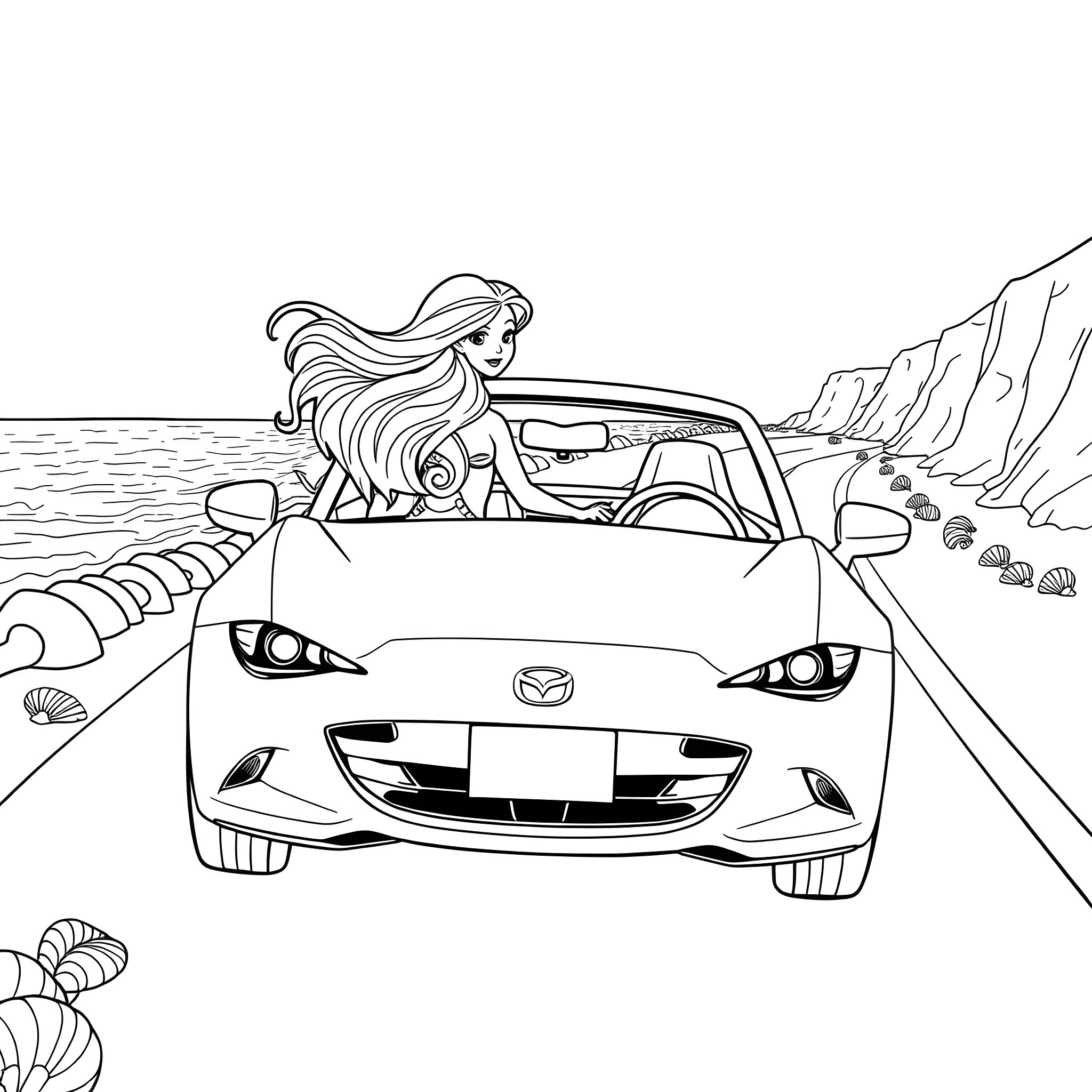 Mermaid driving a sleek sports car along the coast Coloring Page (free black-and-white line drawing printable PDF for all, from beginners to advanced learners, including children, teens, adults, and seniors)