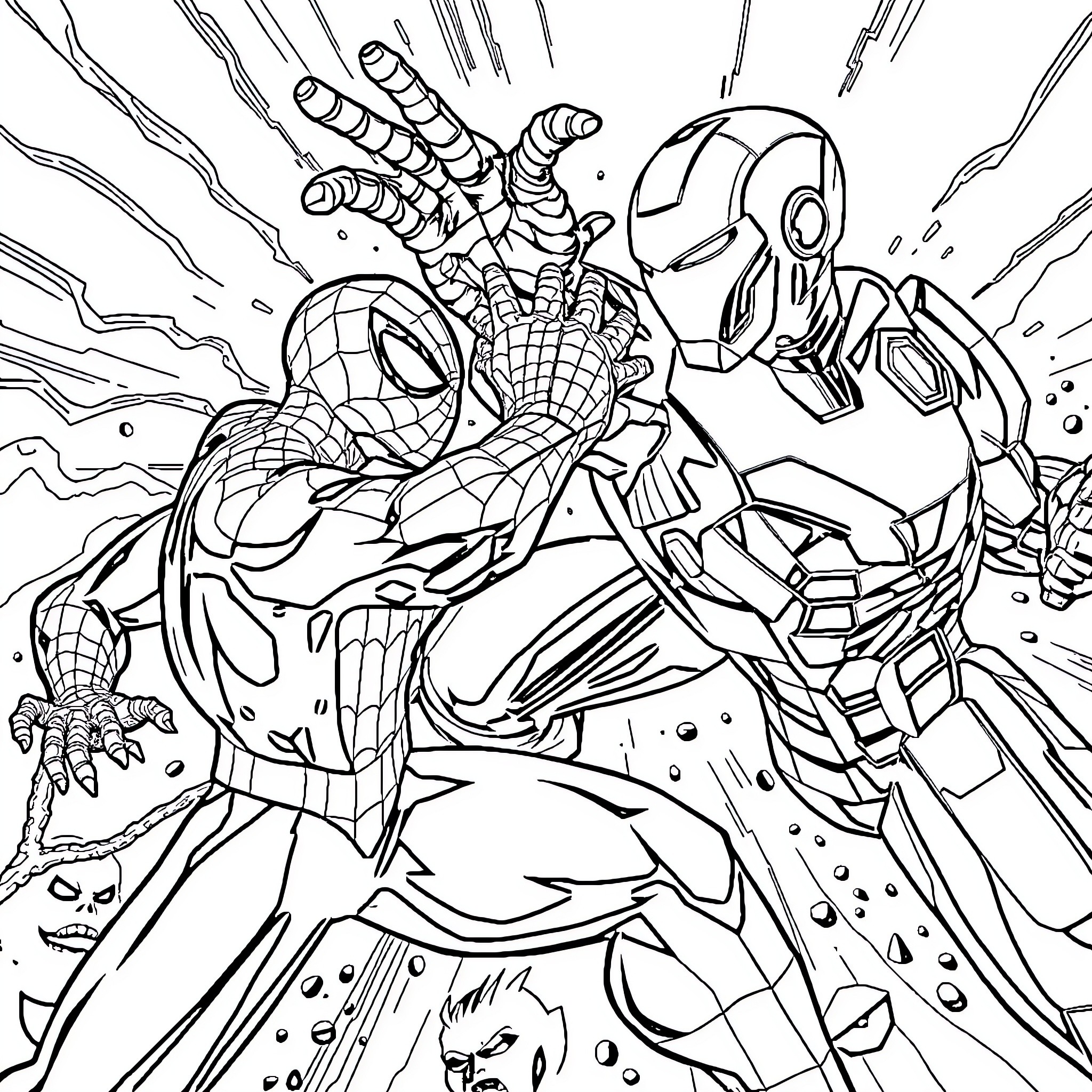 Spiderman and Iron Man battle against villains Coloring Page (free black-and-white line drawing printable PDF for all, from beginners to advanced learners, including children, teens, adults, and seniors)