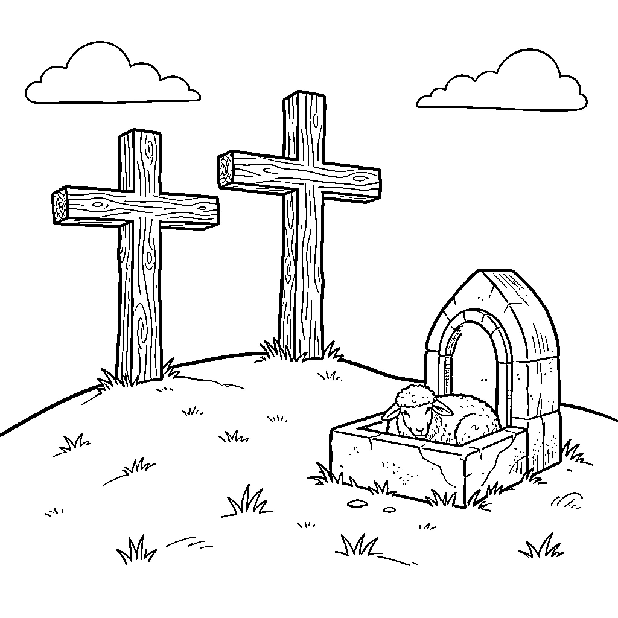 Crosses standing on a hill with a sheep Coloring Page (free black-and-white line drawing printable PDF for all, from beginners to advanced learners, including children, teens, adults, and seniors)