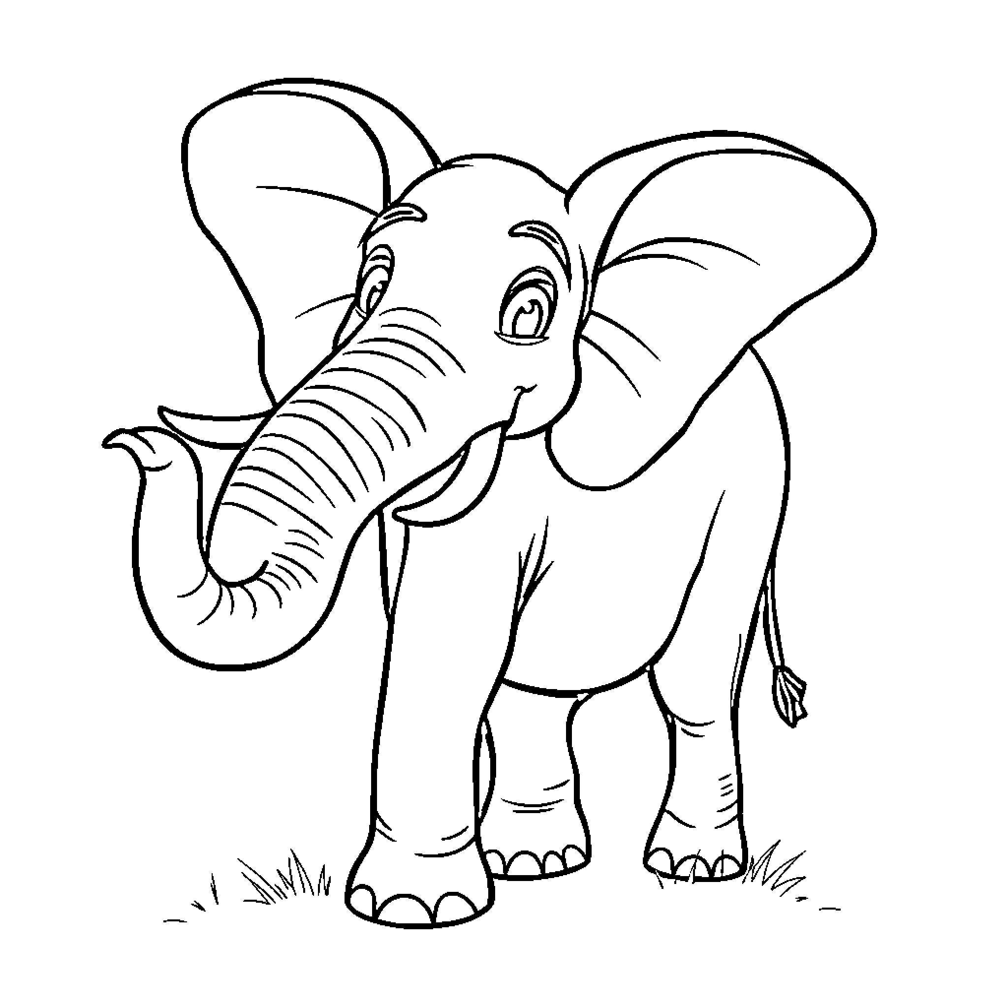 Elephant happily standing in the grass Coloring Page (free black-and-white line drawing printable PDF for all, from beginners to advanced learners, including children, teens, adults, and seniors)