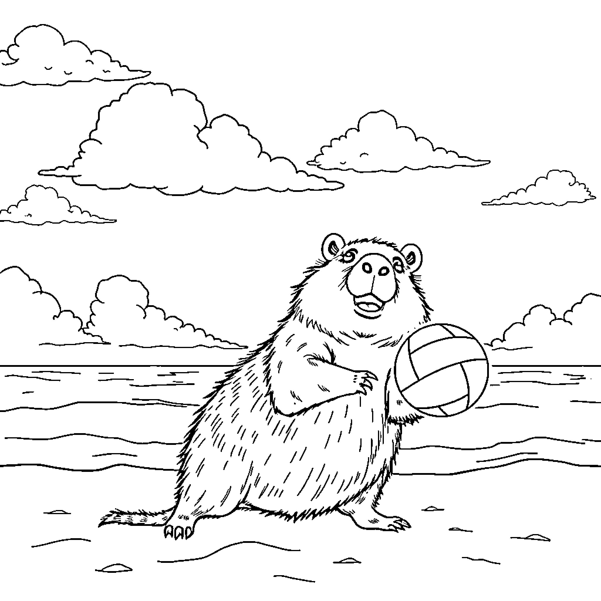 Capybara playing with ball on beach Coloring Page (free black-and-white line drawing printable PDF for all, from beginners to advanced learners, including children, teens, adults, and seniors)