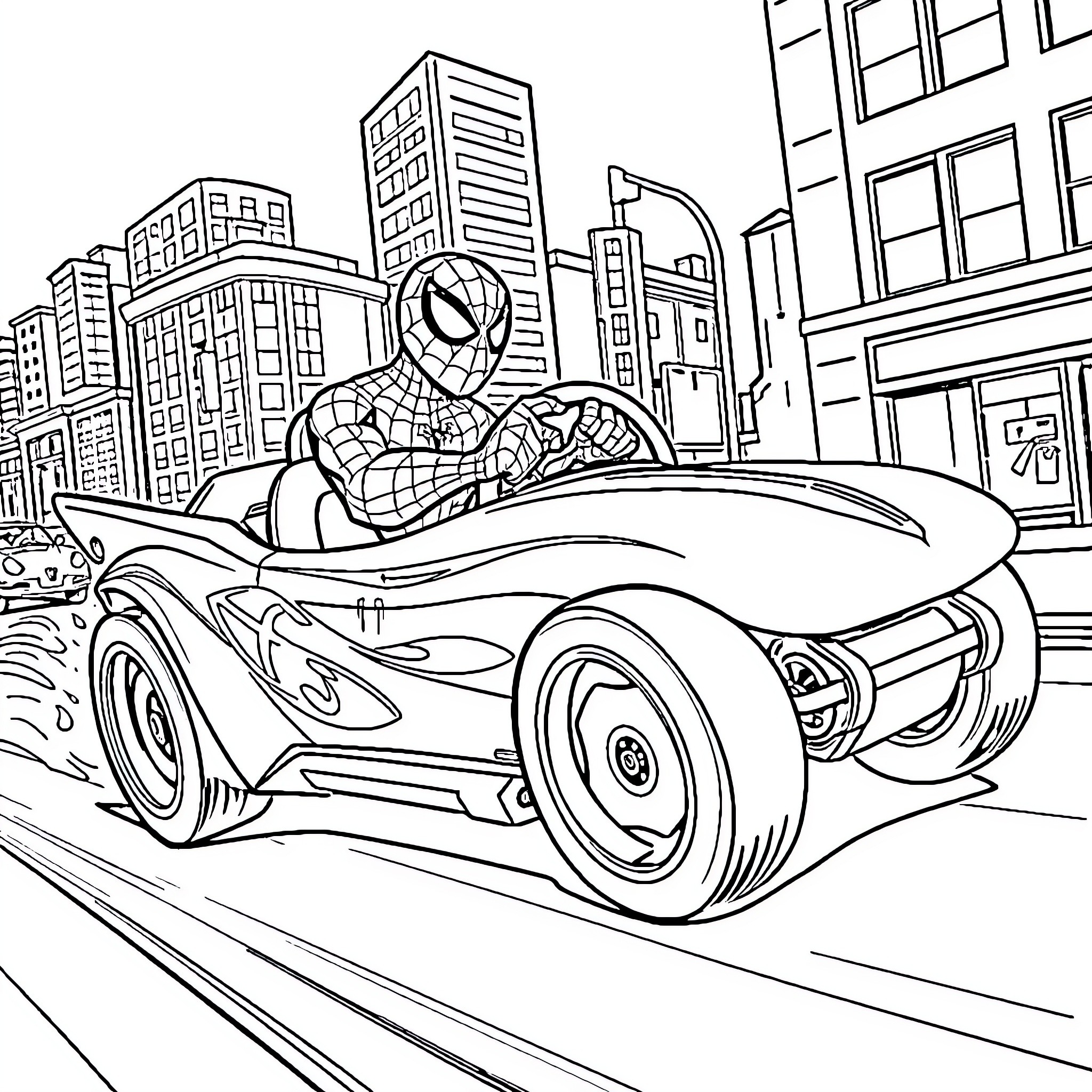 Spiderman driving a futuristic car through city Coloring Page (free black-and-white line drawing printable PDF for all, from beginners to advanced learners, including children, teens, adults, and seniors)