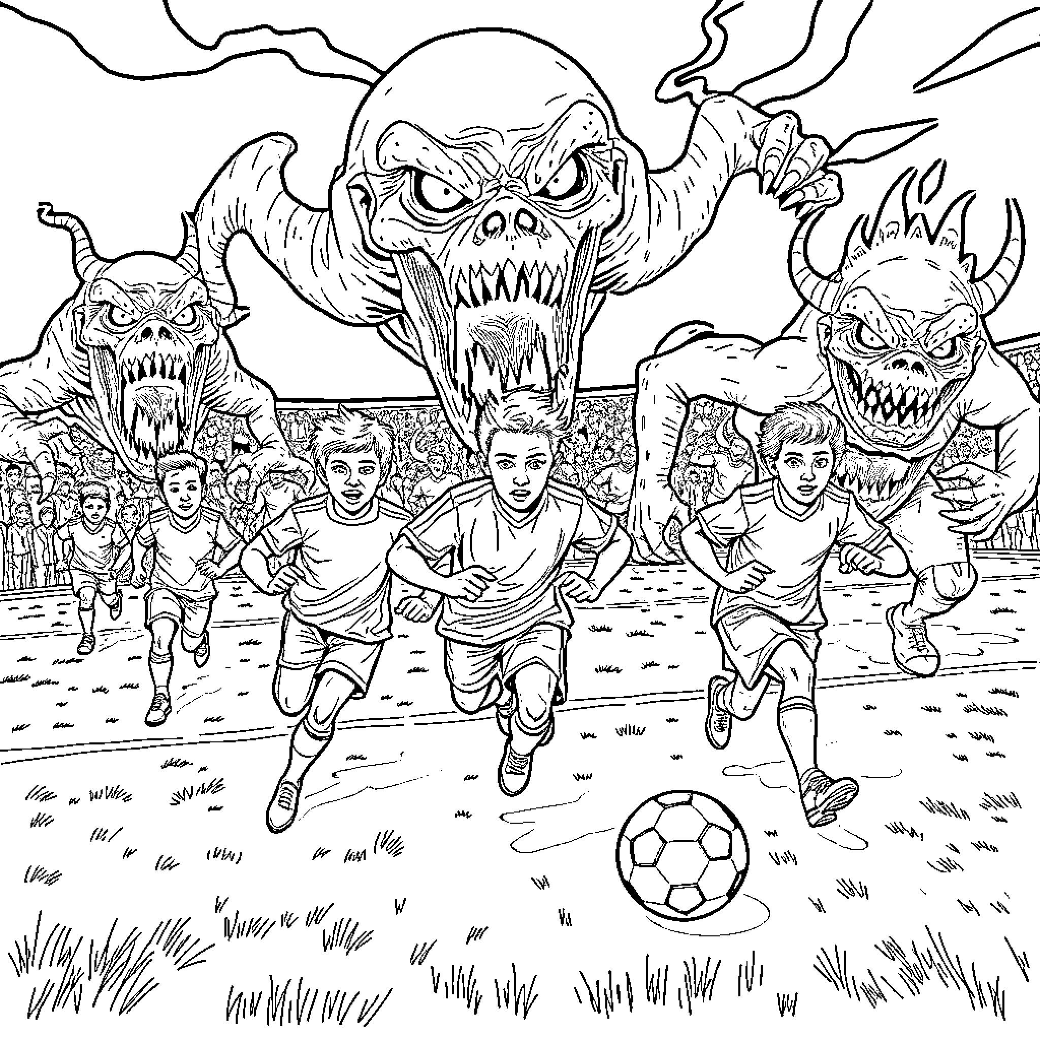 Soccer Players Fleeing from Terrifying Monsters Coloring Page (free black-and-white line drawing printable PDF for all, from beginners to advanced learners, including children, teens, adults, and seniors)