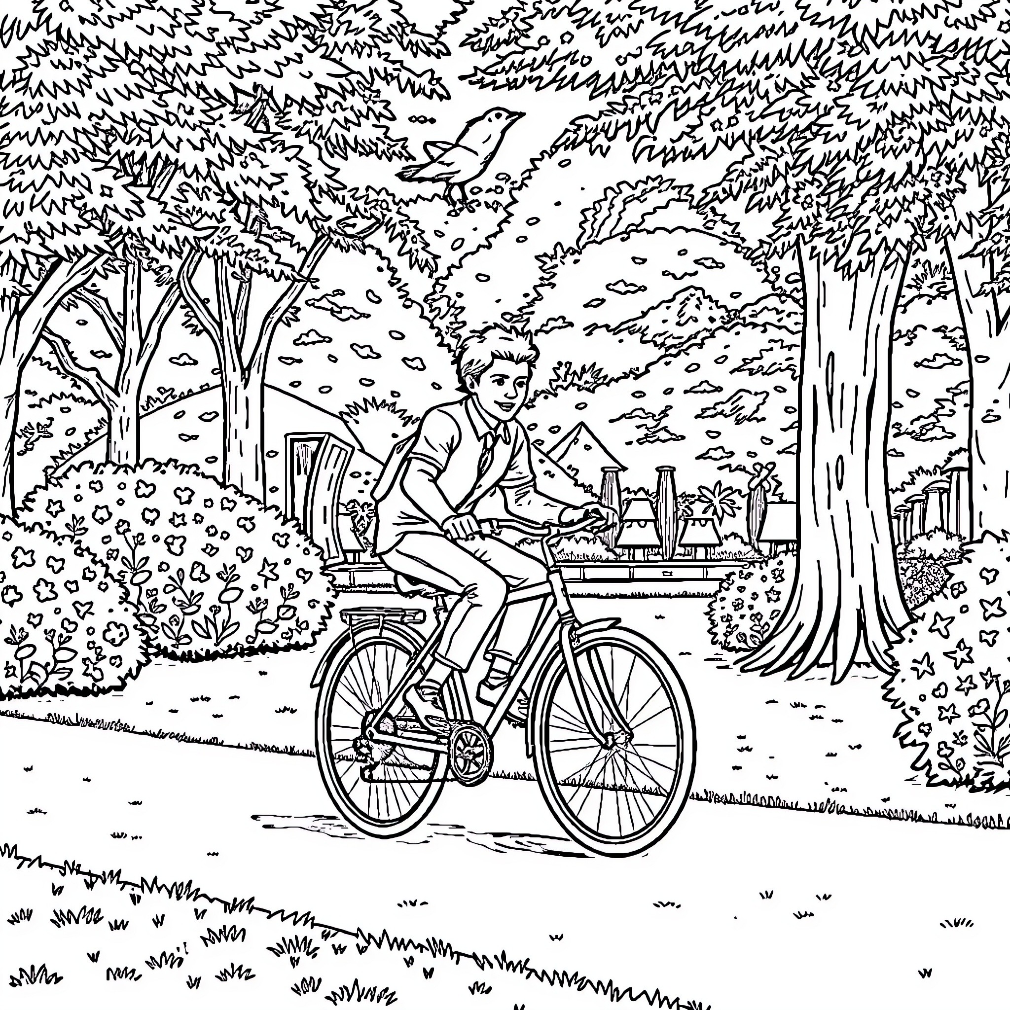 George Bush Riding Bicycle in Scenic Nature Coloring Page (free black-and-white line drawing printable PDF for all, from beginners to advanced learners, including children, teens, adults, and seniors)