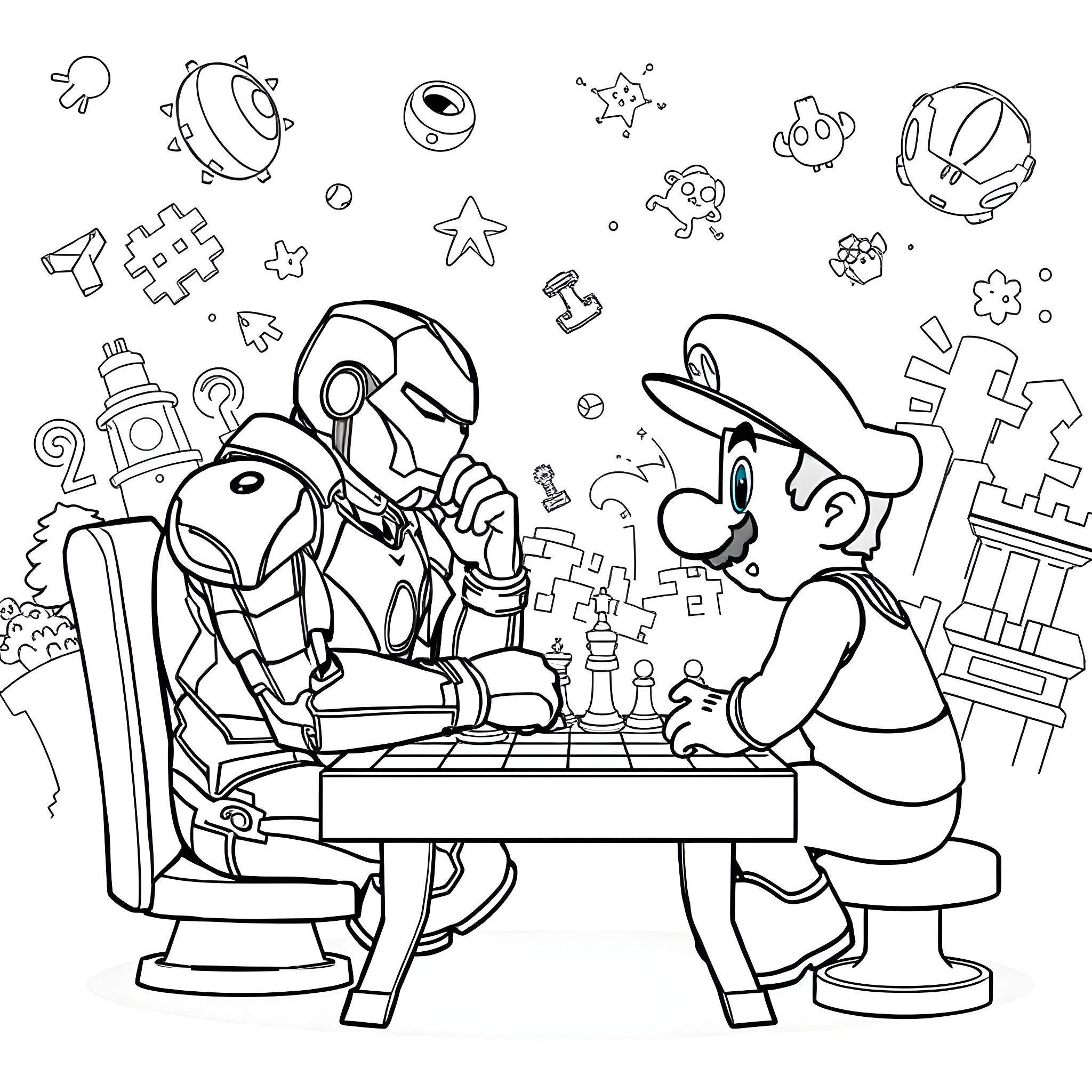 Iron Man and Plumber Playing Chess Game Coloring Page (free black-and-white line drawing printable PDF for all, from beginners to advanced learners, including children, teens, adults, and seniors)