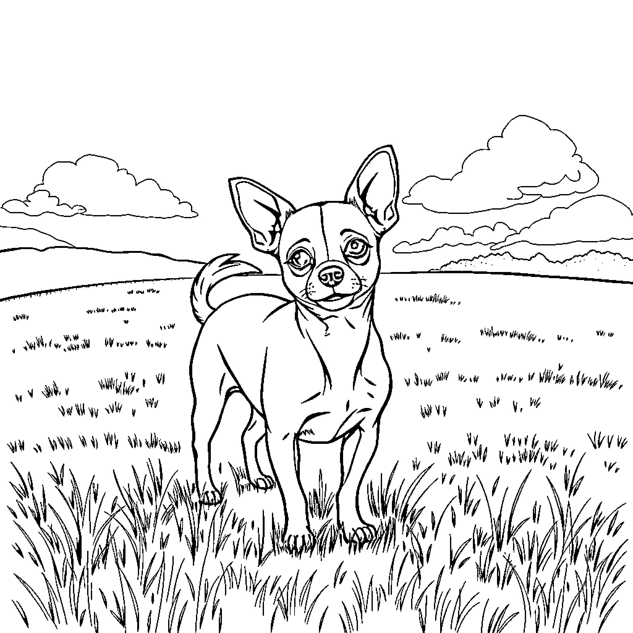 Chihuahua exploring a lush meadow Coloring Page (free black-and-white line drawing printable PDF for all, from beginners to advanced learners, including children, teens, adults, and seniors)