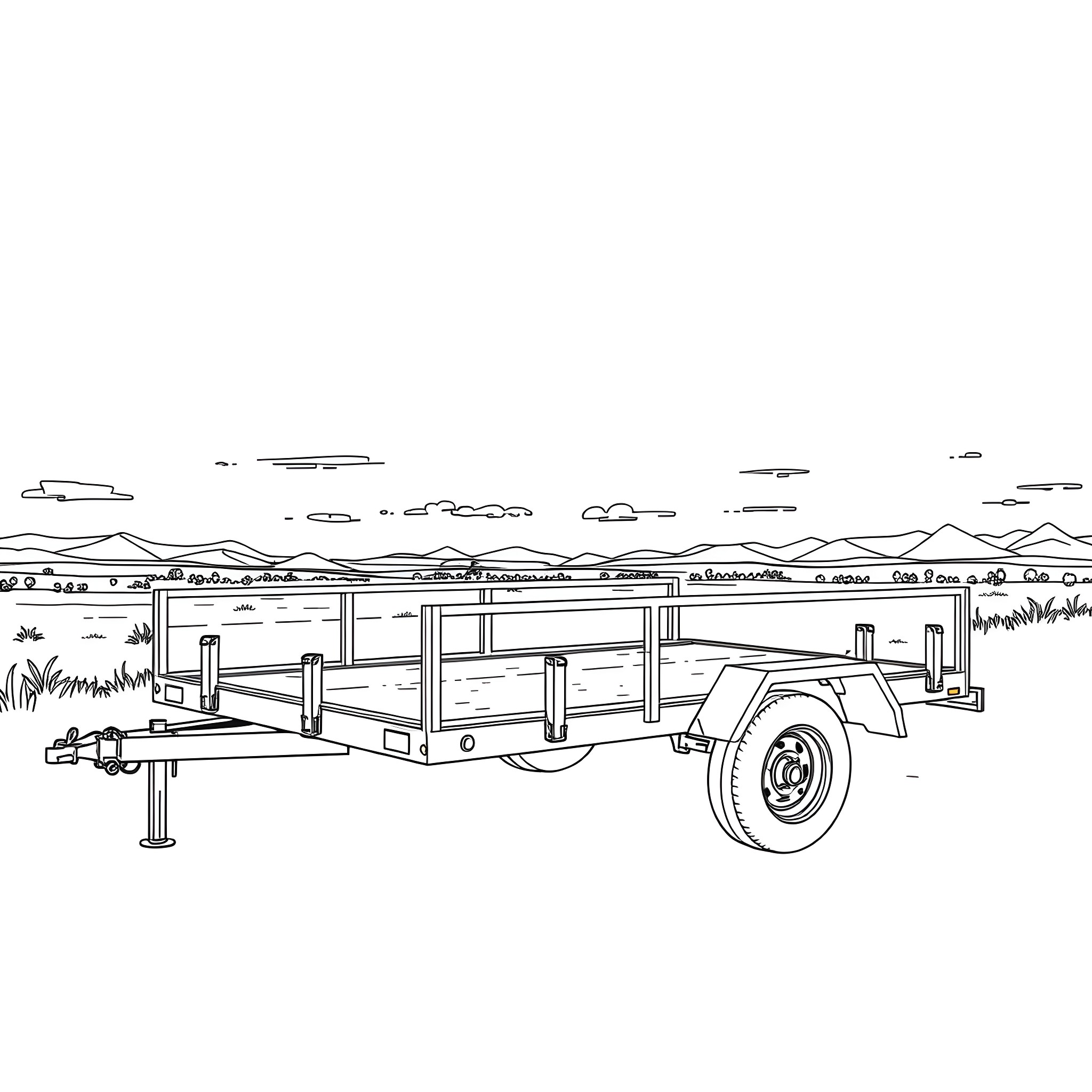 Car Trailer on a Scenic Rural Landscape Coloring Page (free black-and-white line drawing printable PDF for all, from beginners to advanced learners, including children, teens, adults, and seniors)