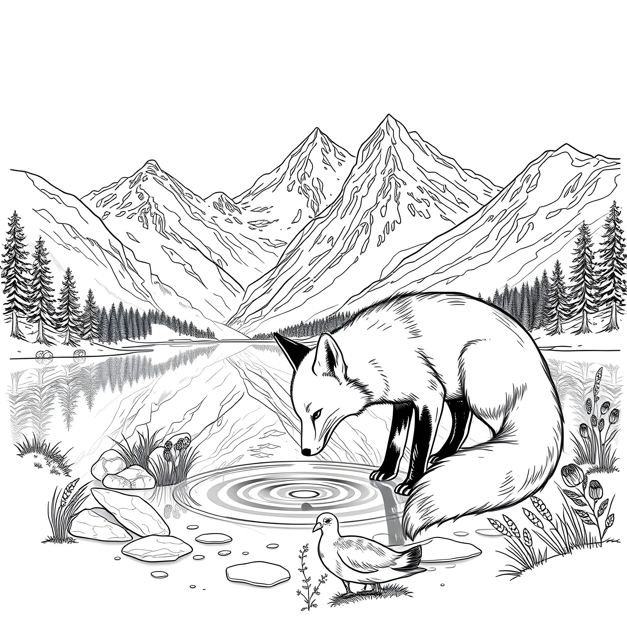 Fox exploring peaceful mountain landscape Coloring Page (free black-and-white line drawing printable PDF for all, from beginners to advanced learners, including children, teens, adults, and seniors)