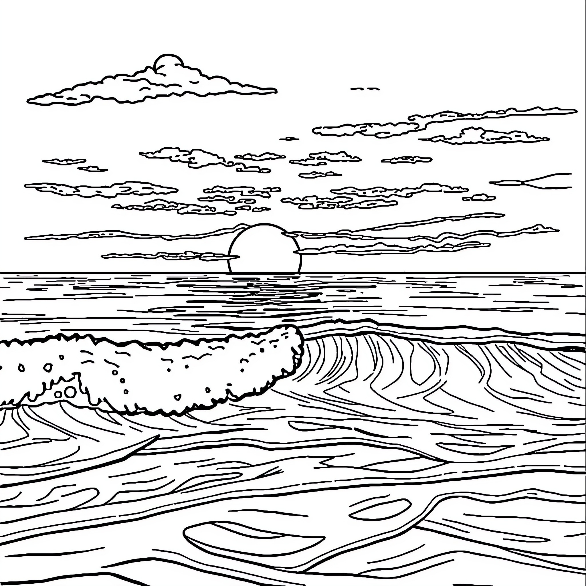 Sea Sunset with Crashing Waves Coloring Page (free black-and-white line drawing printable PDF for all, from beginners to advanced learners, including children, teens, adults, and seniors)