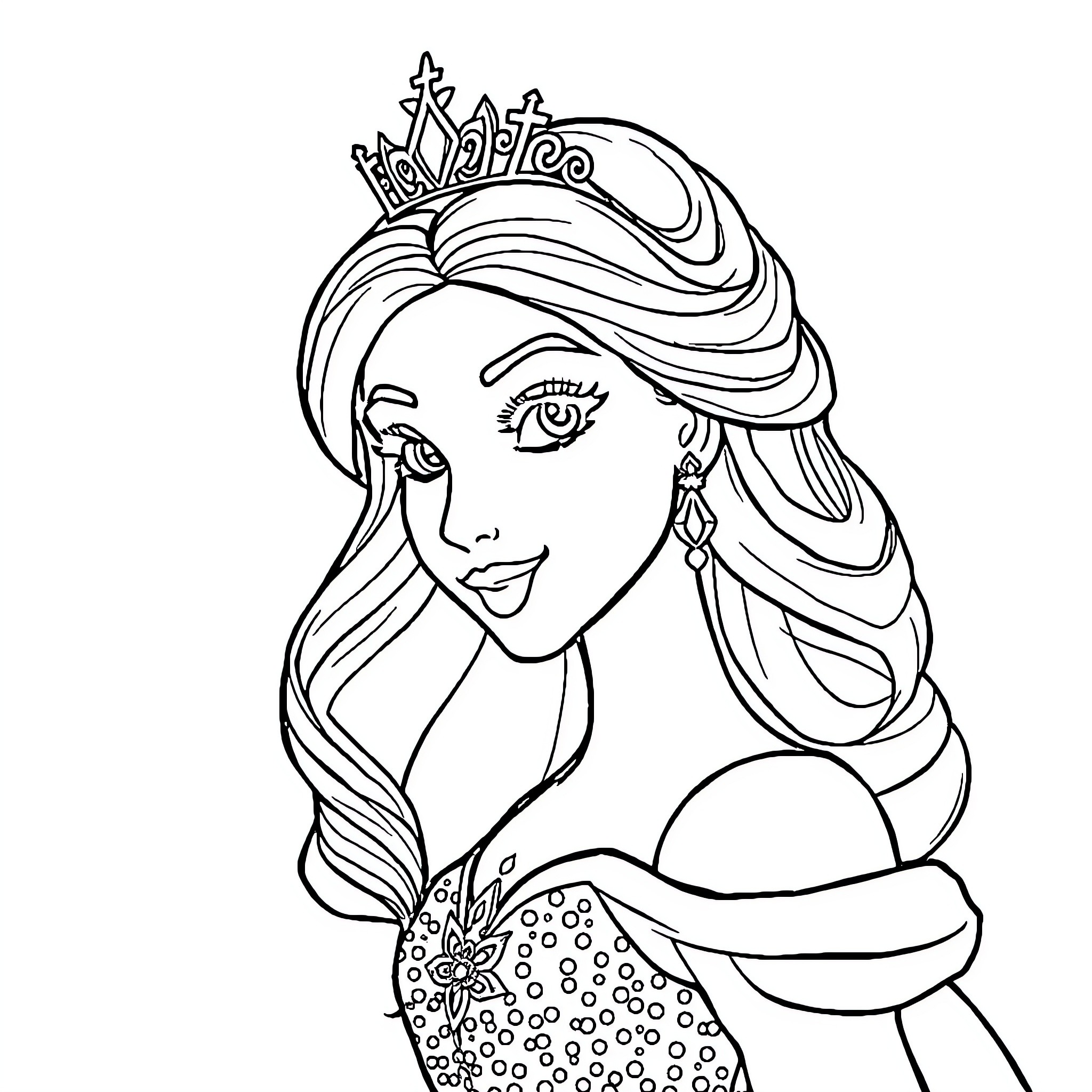 Princess with Flowing Hair and Regal Crown Coloring Page (free black-and-white line drawing printable PDF for all, from beginners to advanced learners, including children, teens, adults, and seniors)