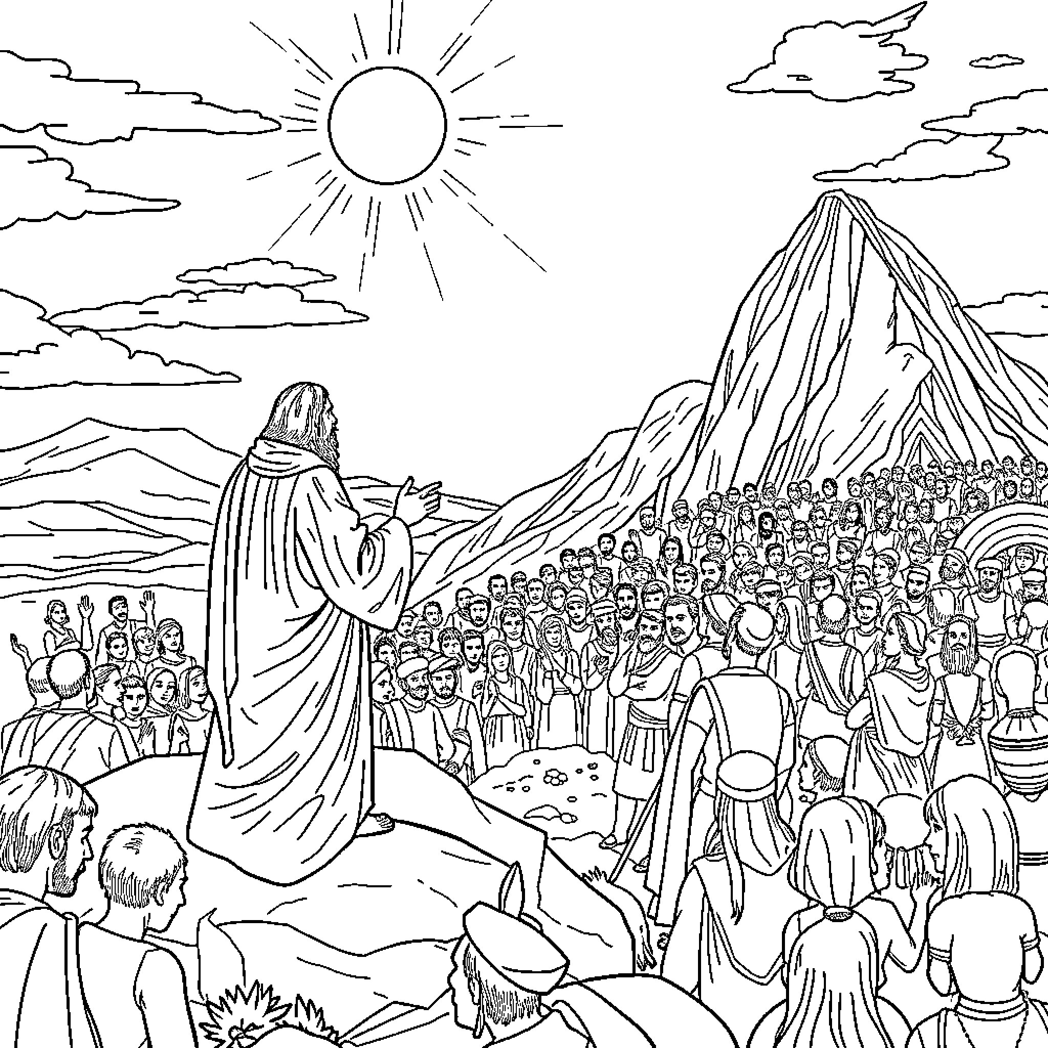 Jesus teaching a large crowd in the mountains Coloring Page (free black-and-white line drawing printable PDF for all, from beginners to advanced learners, including children, teens, adults, and seniors)