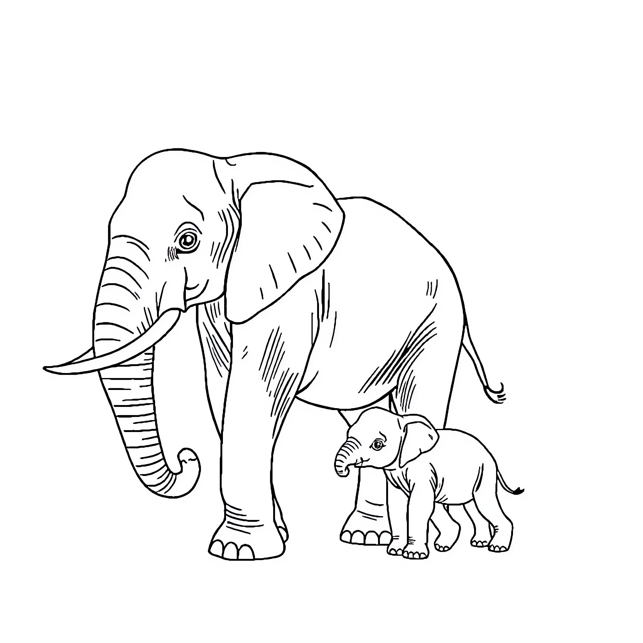 Elephant and baby elephant in black and white Coloring Page (free black-and-white line drawing printable PDF for all, from beginners to advanced learners, including children, teens, adults, and seniors)