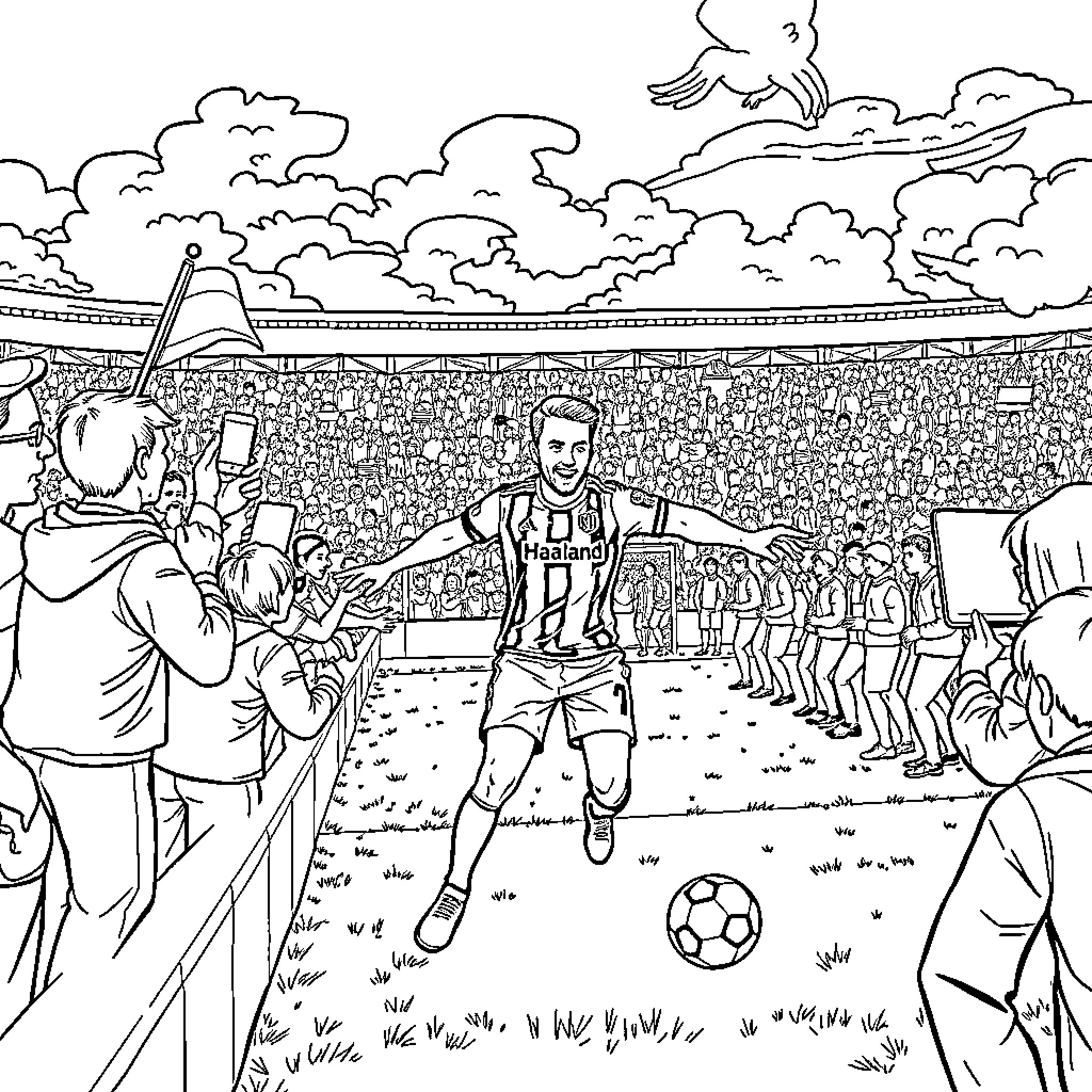 Haaland celebrates his goal in a packed stadium Coloring Page (free black-and-white line drawing printable PDF for all, from beginners to advanced learners, including children, teens, adults, and seniors)