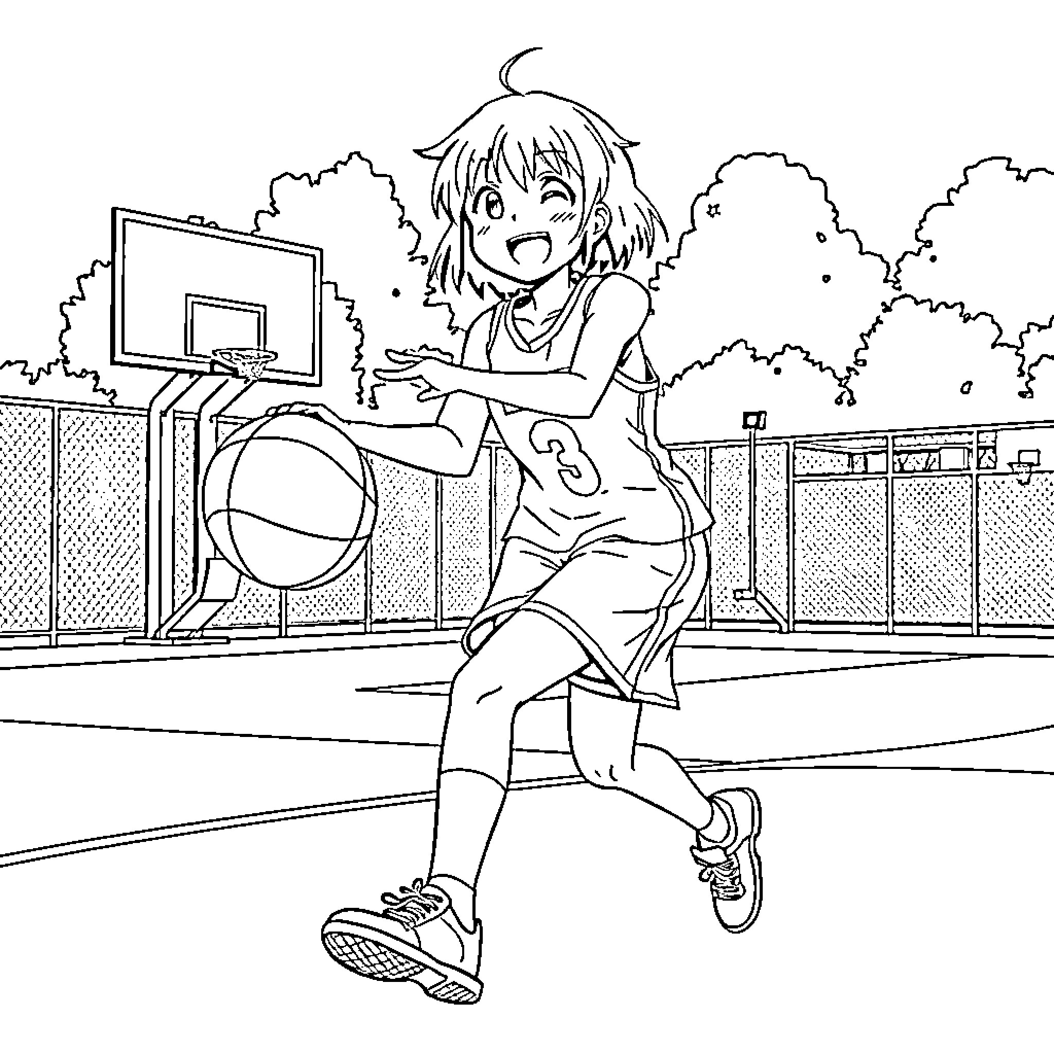 Hinata playing joyfully on the basketball court Coloring Page (free black-and-white line drawing printable PDF for all, from beginners to advanced learners, including children, teens, adults, and seniors)