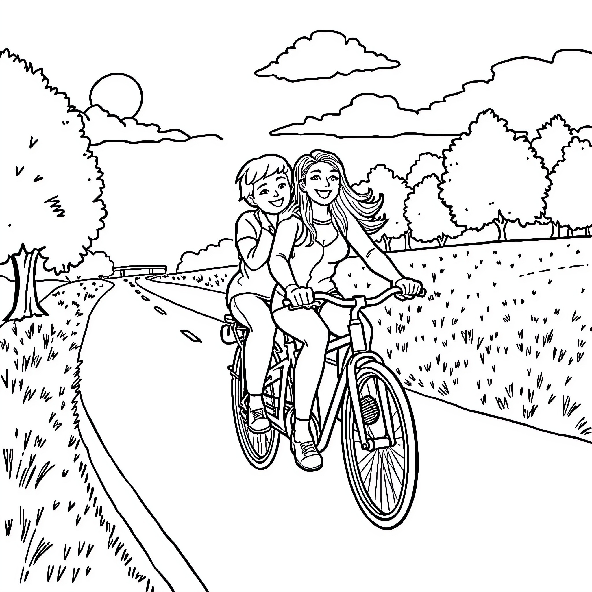 Bicycle ride through scenic countryside Coloring Page (free black-and-white line drawing printable PDF for all, from beginners to advanced learners, including children, teens, adults, and seniors)