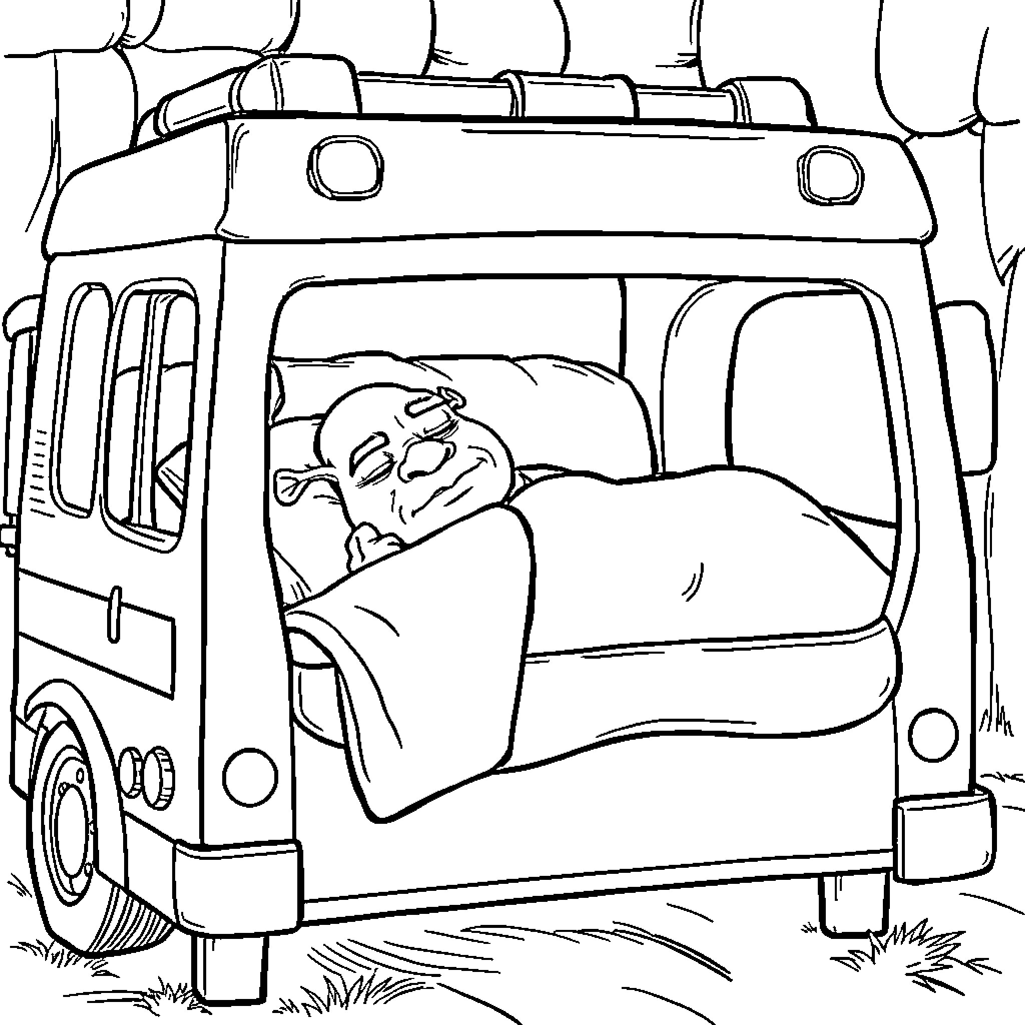 Shrek napping peacefully in a bus Coloring Page (free black-and-white line drawing printable PDF for all, from beginners to advanced learners, including children, teens, adults, and seniors)
