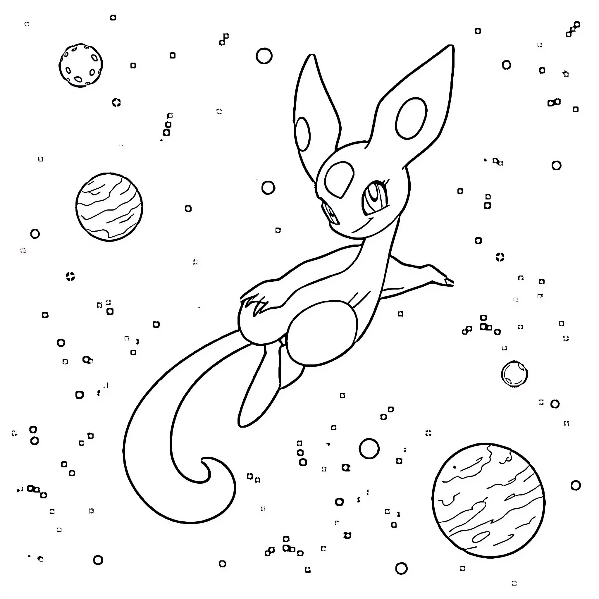 Mewtwo exploring the cosmic wonders Coloring Page (free black-and-white line drawing printable PDF for all, from beginners to advanced learners, including children, teens, adults, and seniors)