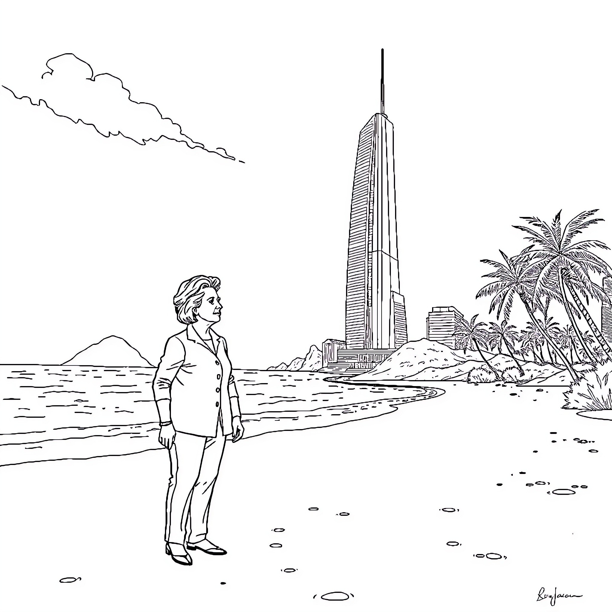 Hillary Clinton stands on a tropical beach with a skyscraper Coloring Page (free black-and-white line drawing printable PDF for all, from beginners to advanced learners, including children, teens, adults, and seniors)