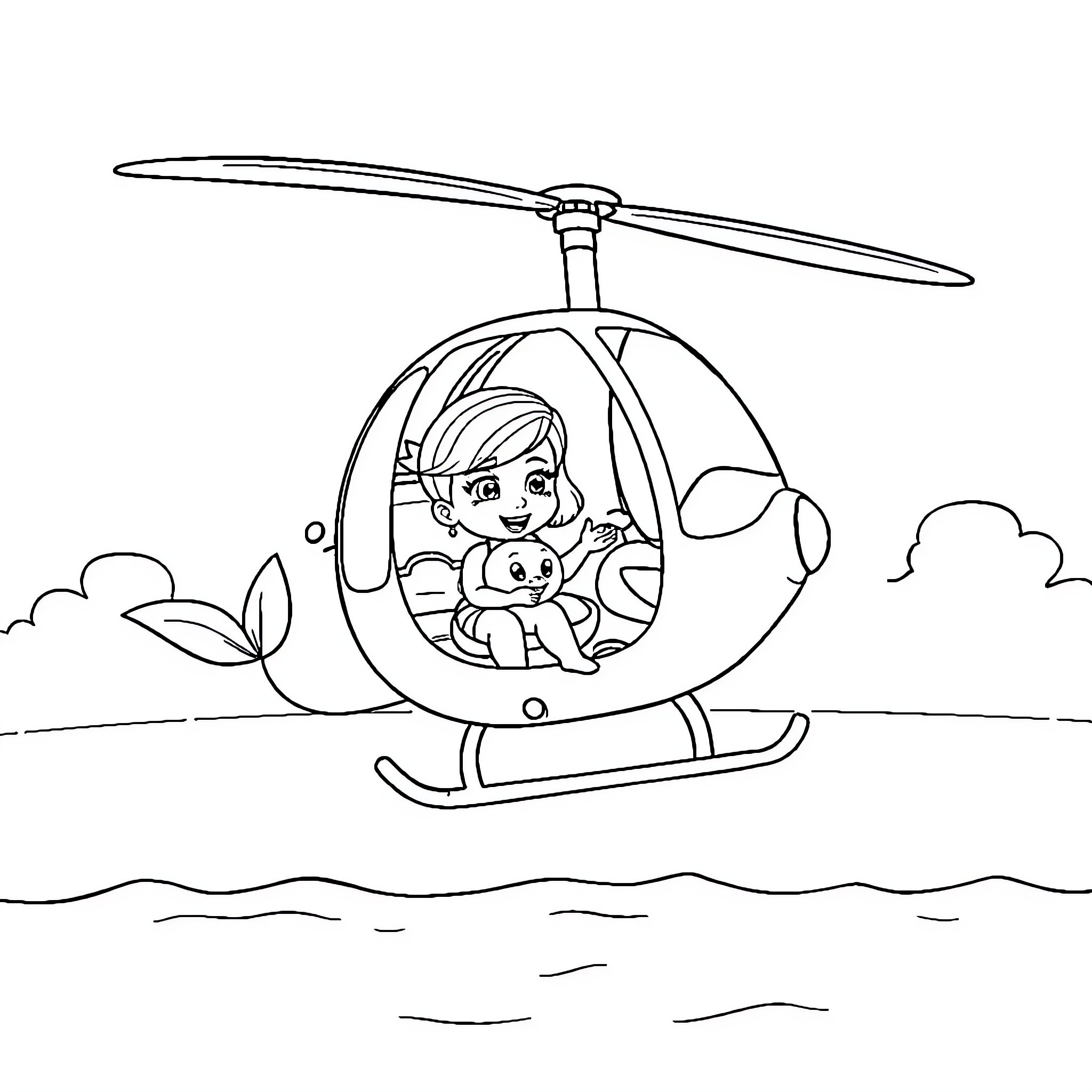 Stella's Helicopter Adventure with Pet Coloring Page (free black-and-white line drawing printable PDF for all, from beginners to advanced learners, including children, teens, adults, and seniors)