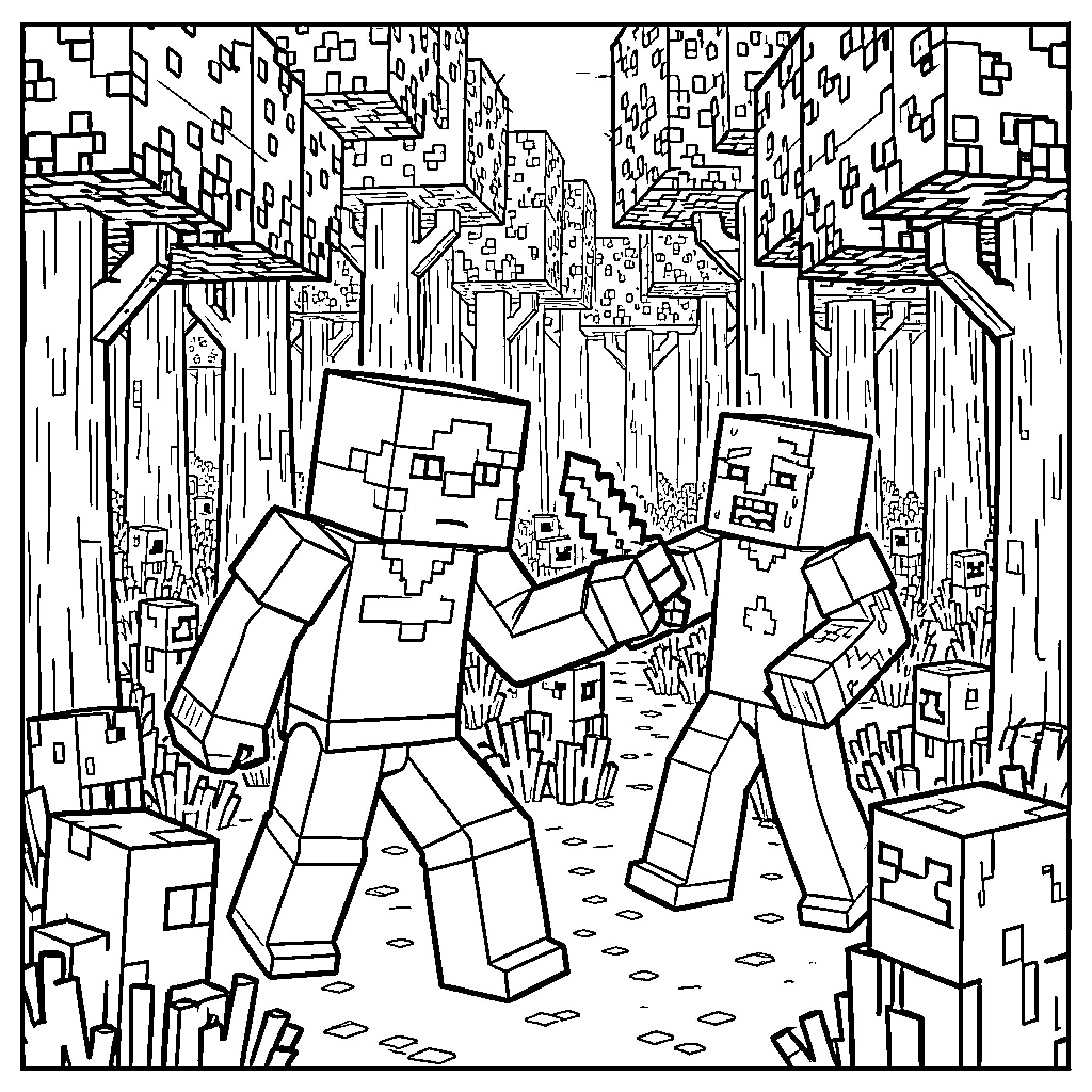 Minecraft characters exploring a dense jungle environment Coloring Page (free black-and-white line drawing printable PDF for all, from beginners to advanced learners, including children, teens, adults, and seniors)