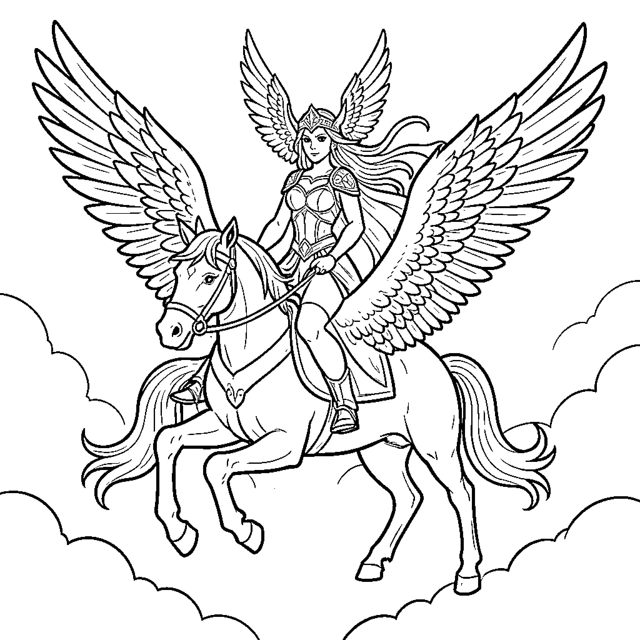 Pegasus angel riding a winged horse in the sky Coloring Page (free black-and-white line drawing printable PDF for all, from beginners to advanced learners, including children, teens, adults, and seniors)
