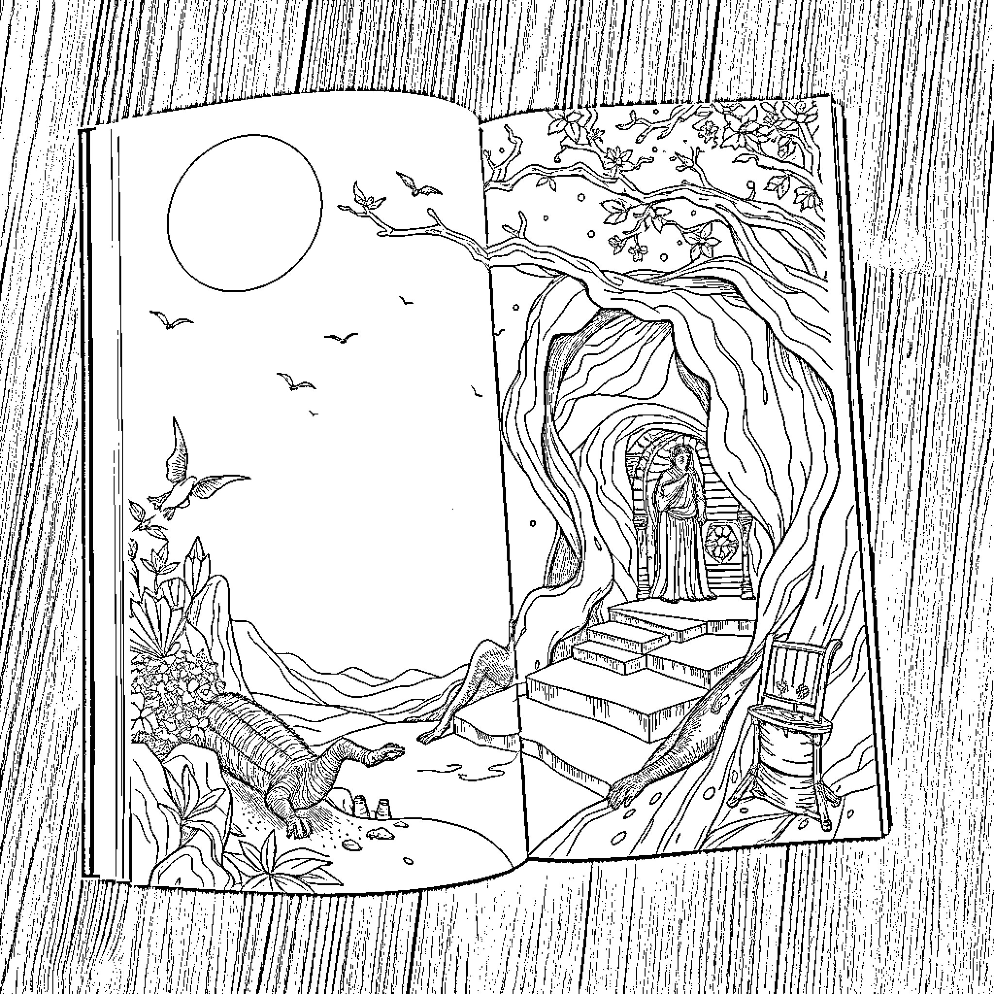 Book of Mysterious Mountain Landscape Coloring Page (free black-and-white line drawing printable PDF for all, from beginners to advanced learners, including children, teens, adults, and seniors)