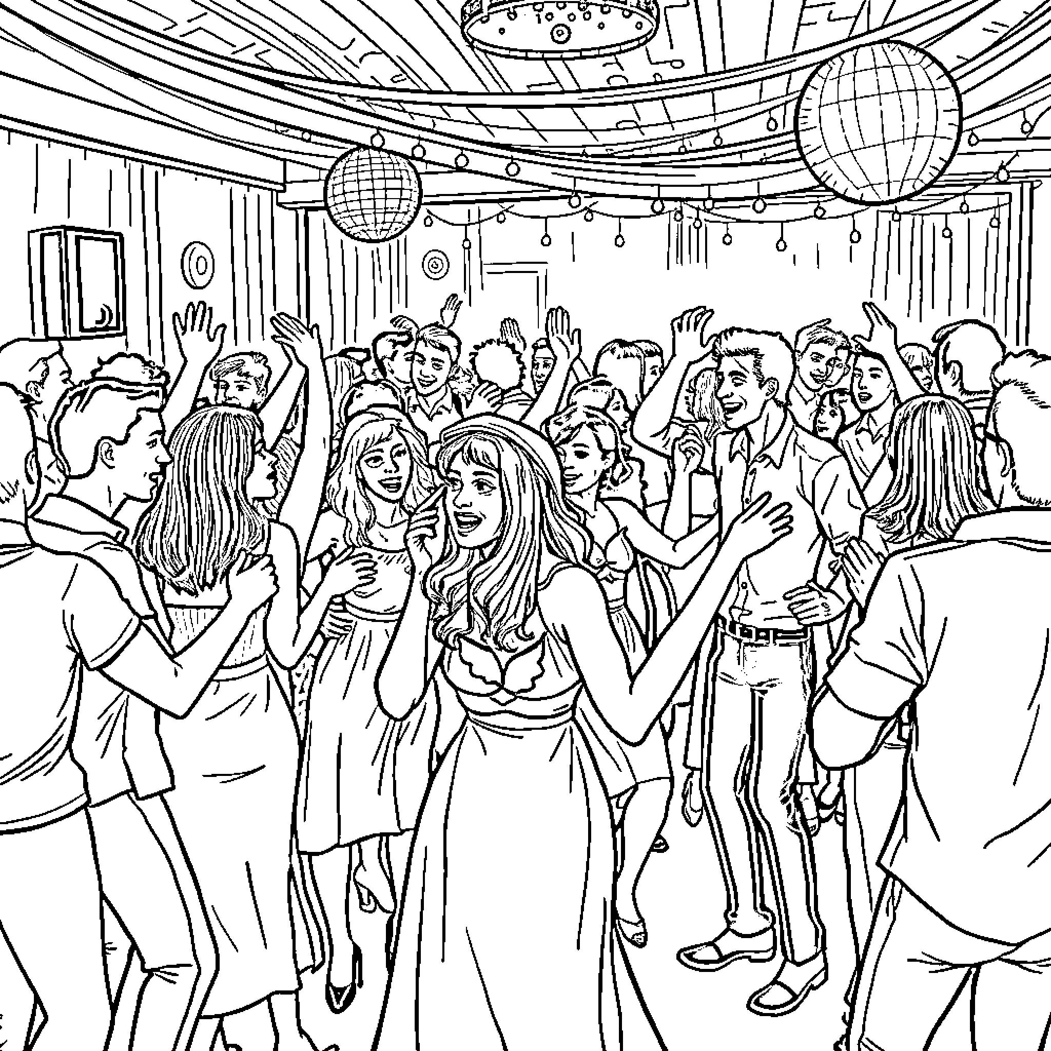Dancing figures in a lively party scene Coloring Page (free black-and-white line drawing printable PDF for all, from beginners to advanced learners, including children, teens, adults, and seniors)