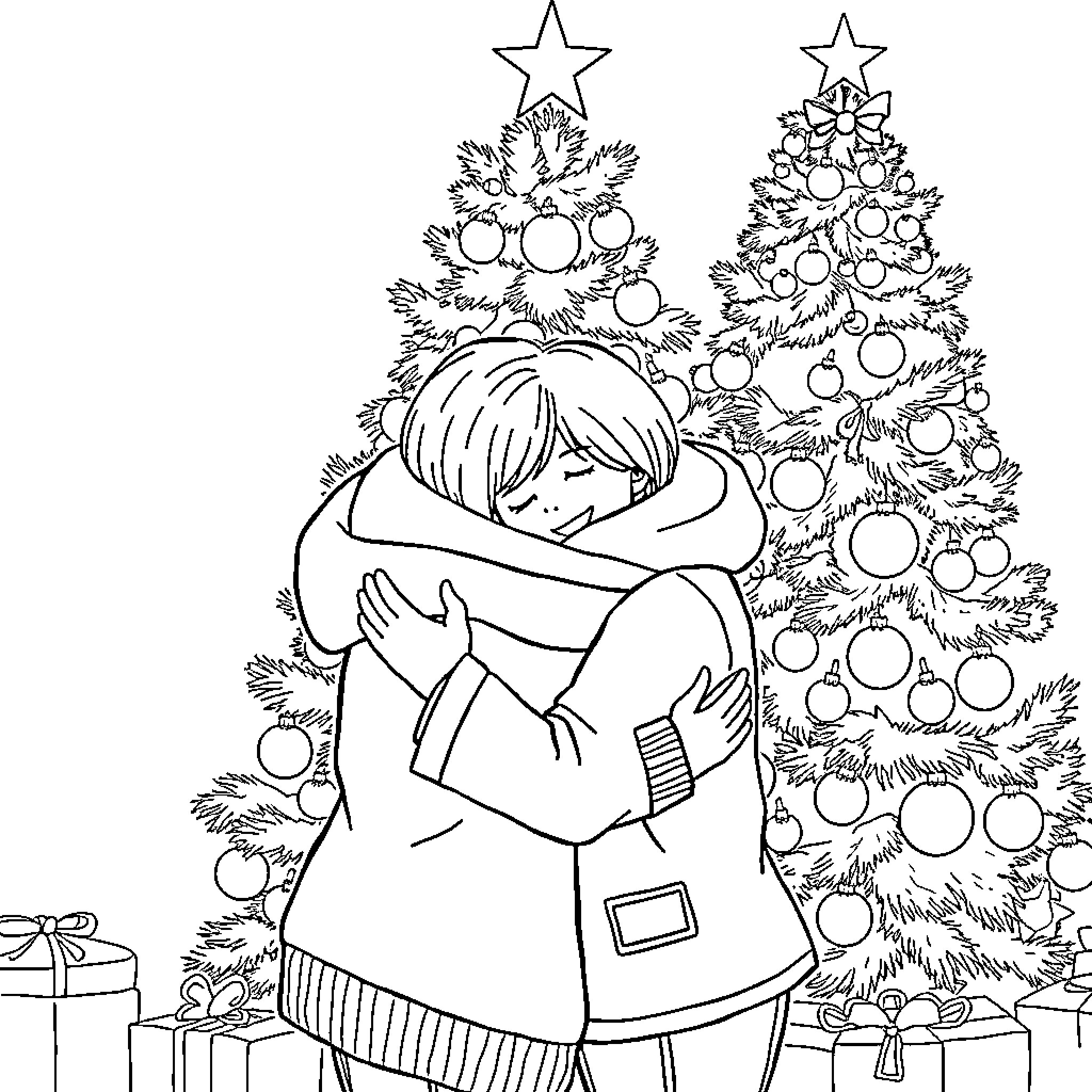 Person embracing near decorated Christmas trees Coloring Page (free black-and-white line drawing printable PDF for all, from beginners to advanced learners, including children, teens, adults, and seniors)