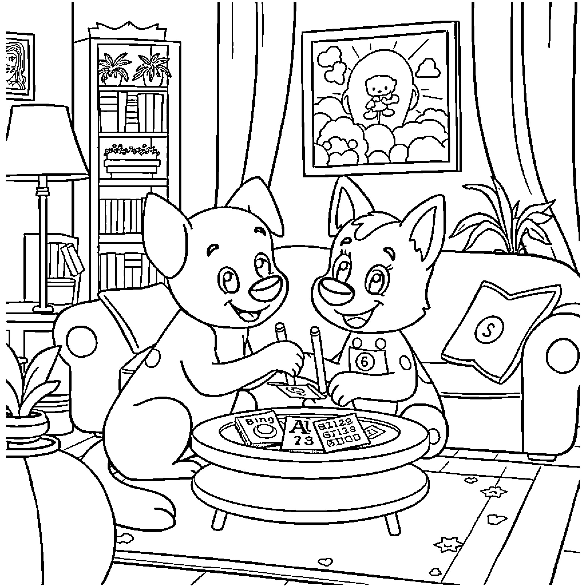 Bluey and Bingo Sharing a Special Moment Coloring Page (free black-and-white line drawing printable PDF for all, from beginners to advanced learners, including children, teens, adults, and seniors)