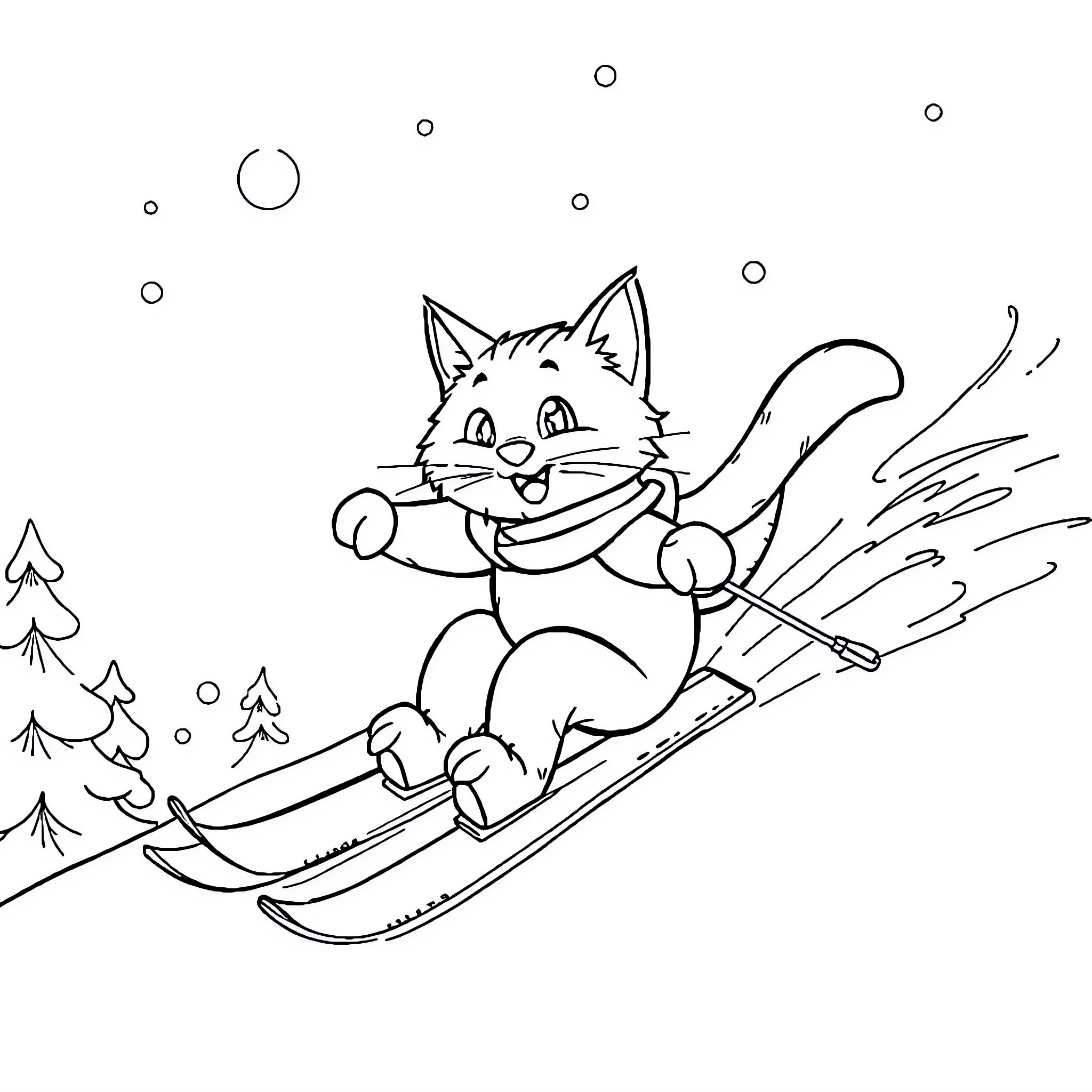 Cat skiing through snowy landscape Coloring Page (free black-and-white line drawing printable PDF for all, from beginners to advanced learners, including children, teens, adults, and seniors)