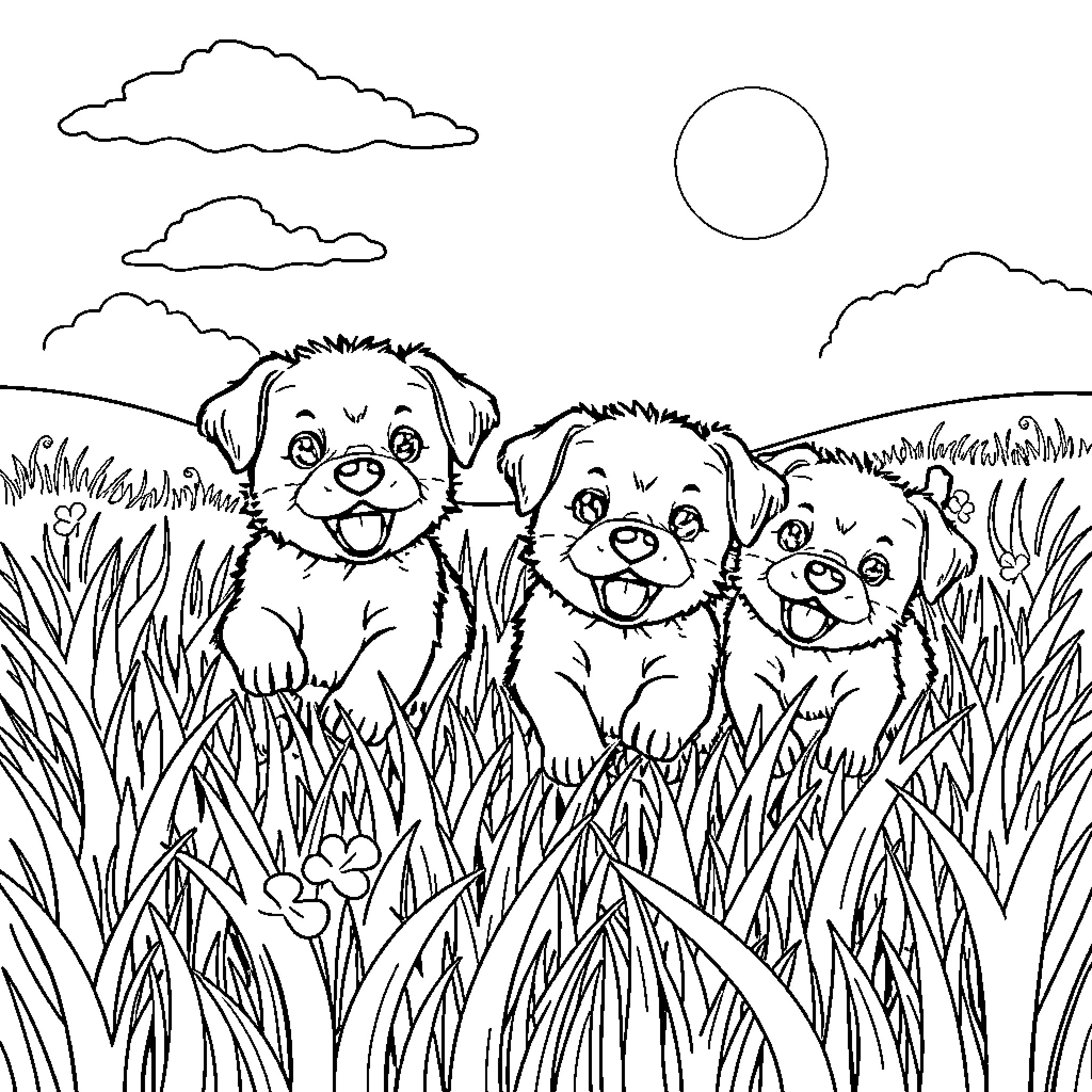 Puppy trio frolicking in the grassy field Coloring Page (free black-and-white line drawing printable PDF for all, from beginners to advanced learners, including children, teens, adults, and seniors)
