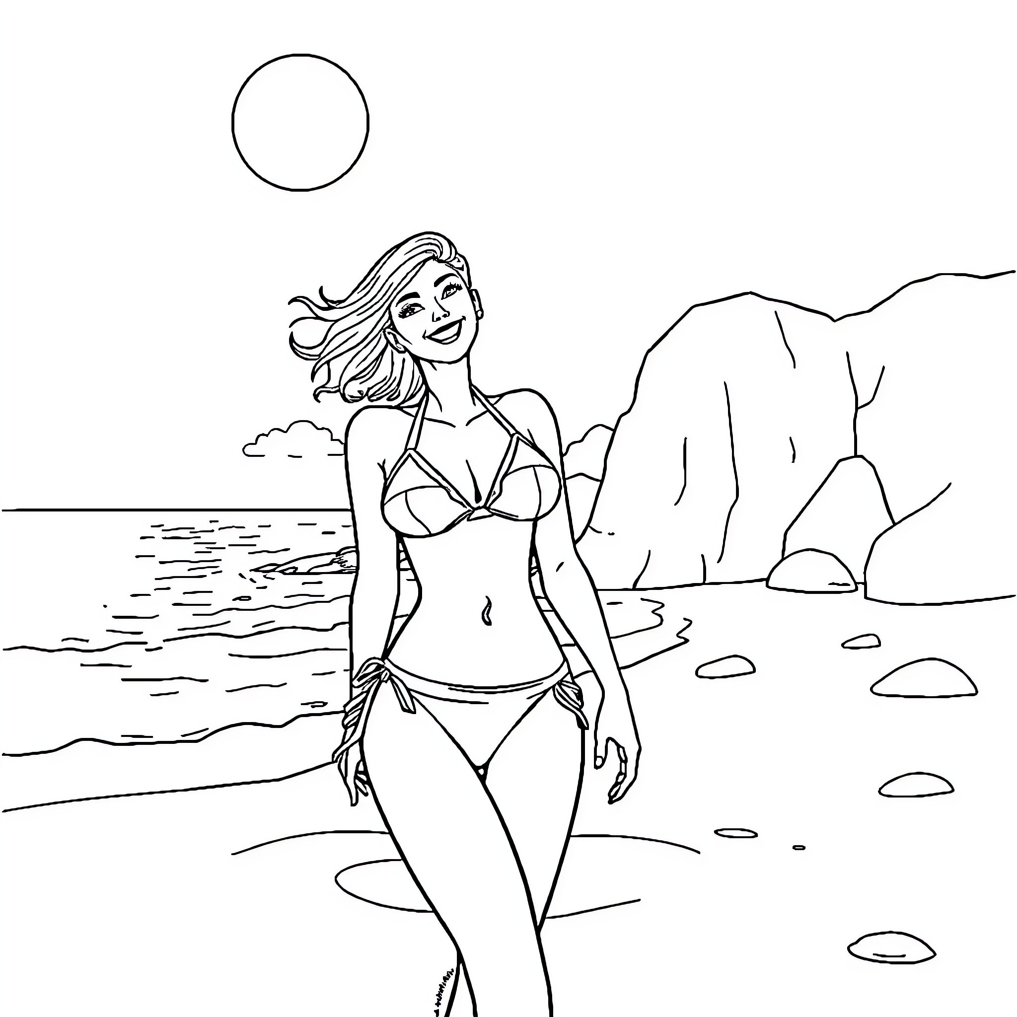 Nami enjoying a sunny day at the beach Coloring Page (free black-and-white line drawing printable PDF for all, from beginners to advanced learners, including children, teens, adults, and seniors)