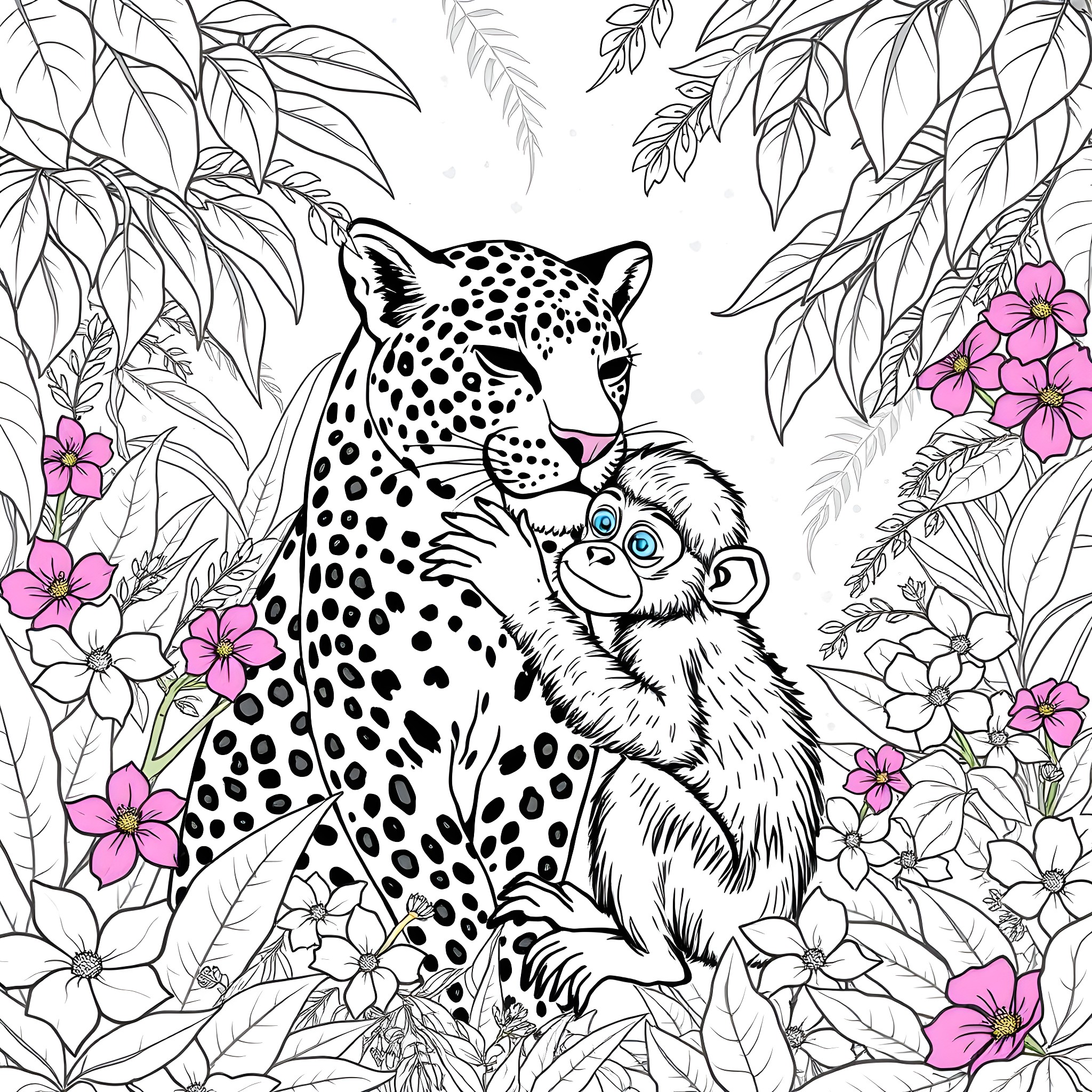 Leopard and her cub in the floral jungle Coloring Page (free black-and-white line drawing printable PDF for all, from beginners to advanced learners, including children, teens, adults, and seniors)