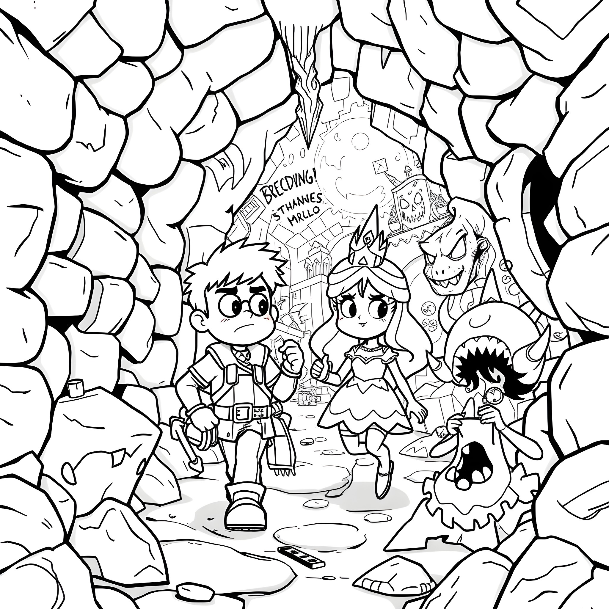 Dungeon Crawler Adventurers Explore Treacherous Cave Coloring Page (free black-and-white line drawing printable PDF for all, from beginners to advanced learners, including children, teens, adults, and seniors)