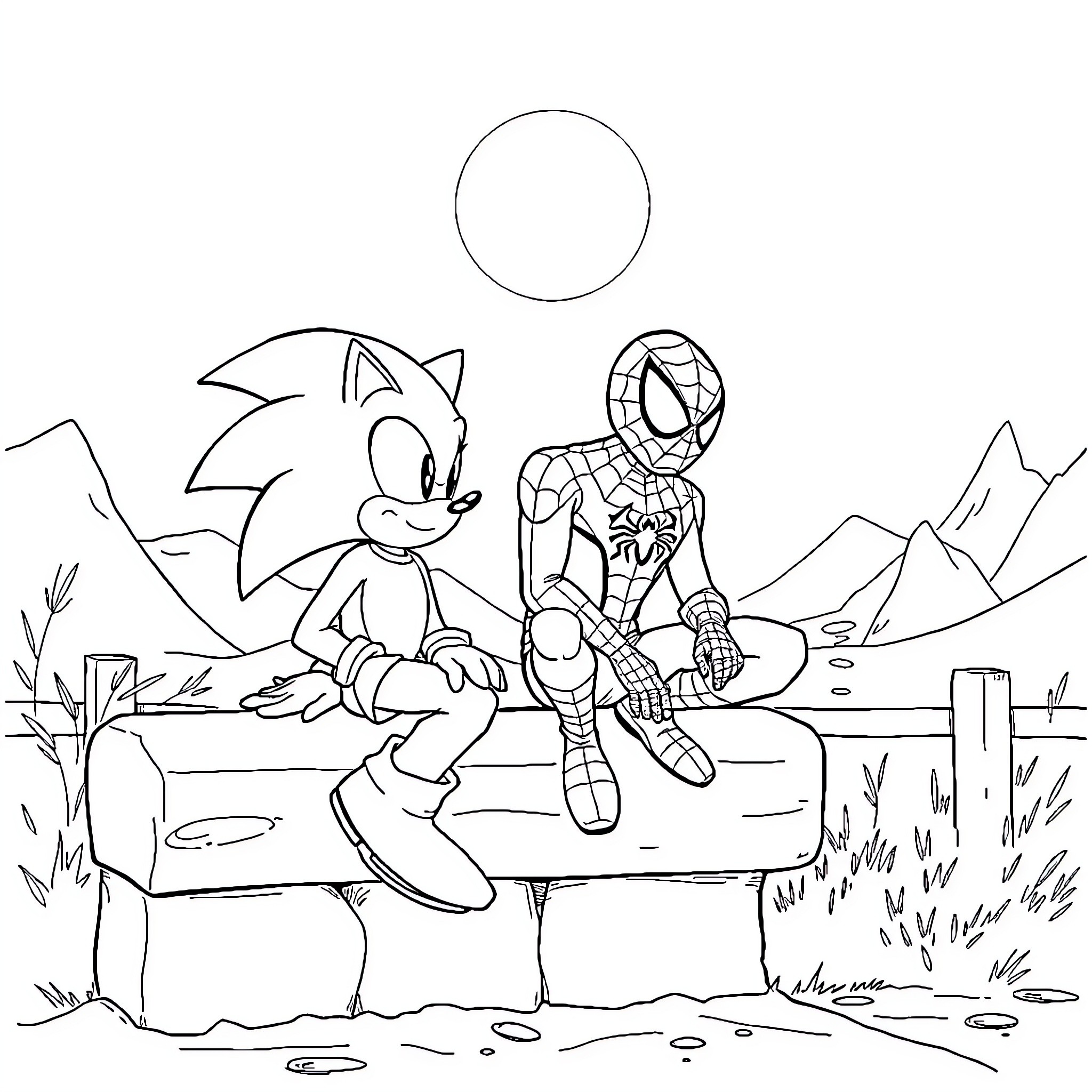 Sonic and Spider-Man on a rocky mountain landscape Coloring Page (free black-and-white line drawing printable PDF for all, from beginners to advanced learners, including children, teens, adults, and seniors)