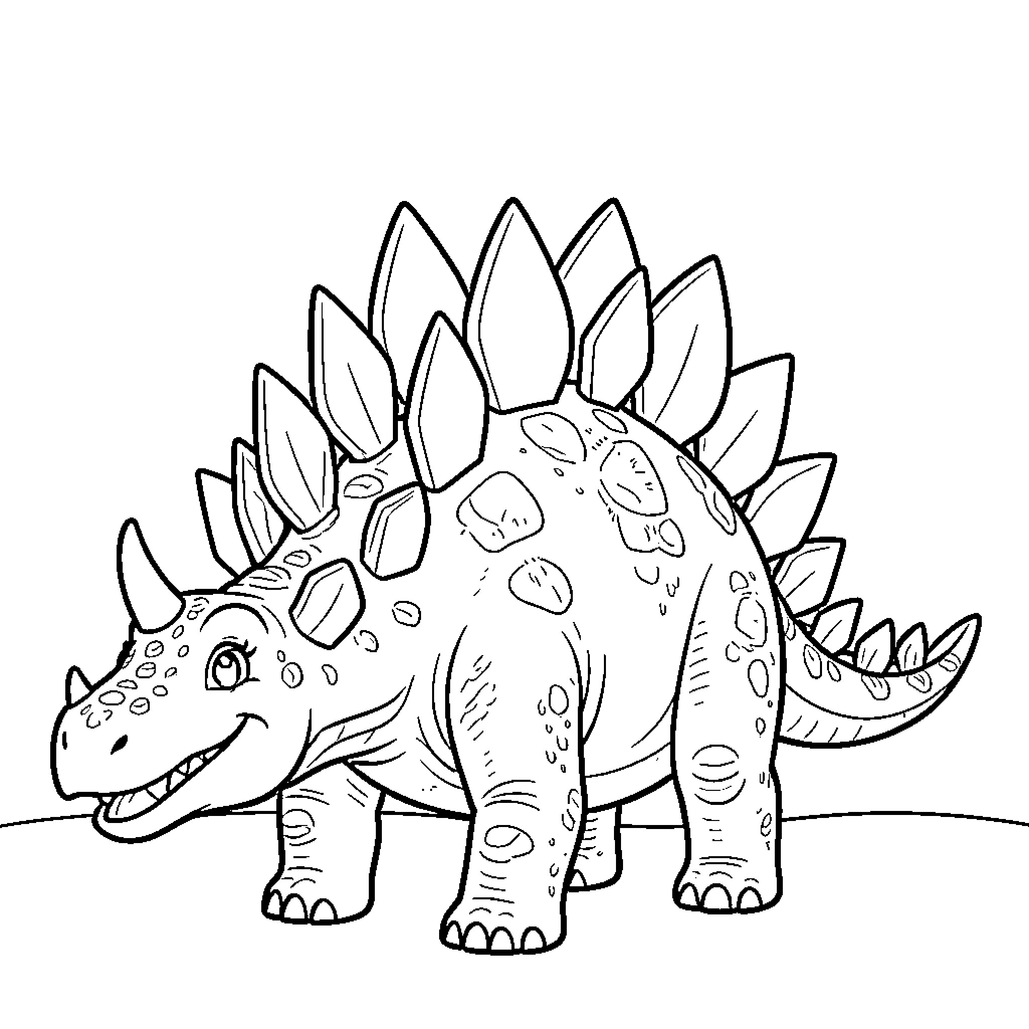 Stegosaurus dinosaur standing in the field Coloring Page (free black-and-white line drawing printable PDF for all, from beginners to advanced learners, including children, teens, adults, and seniors)