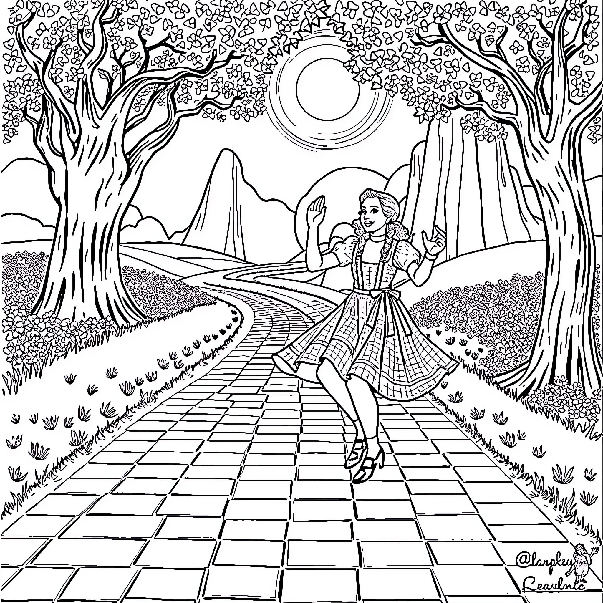 Wizard in a Whimsical Fantasy Landscape Coloring Page (free black-and-white line drawing printable PDF for all, from beginners to advanced learners, including children, teens, adults, and seniors)