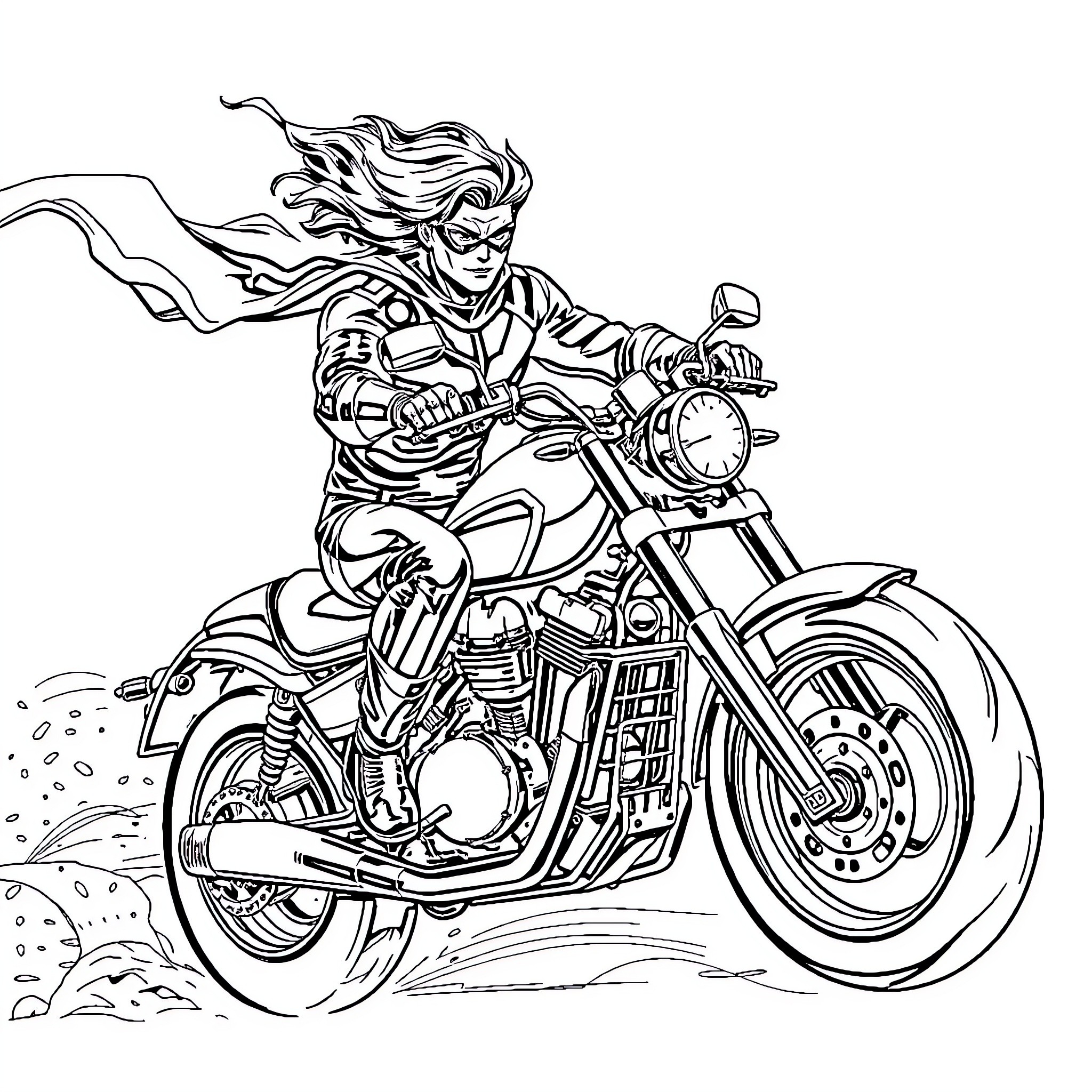 Nightwing speeding on motorcycle with heroic stance Coloring Page (free black-and-white line drawing printable PDF for all, from beginners to advanced learners, including children, teens, adults, and seniors)