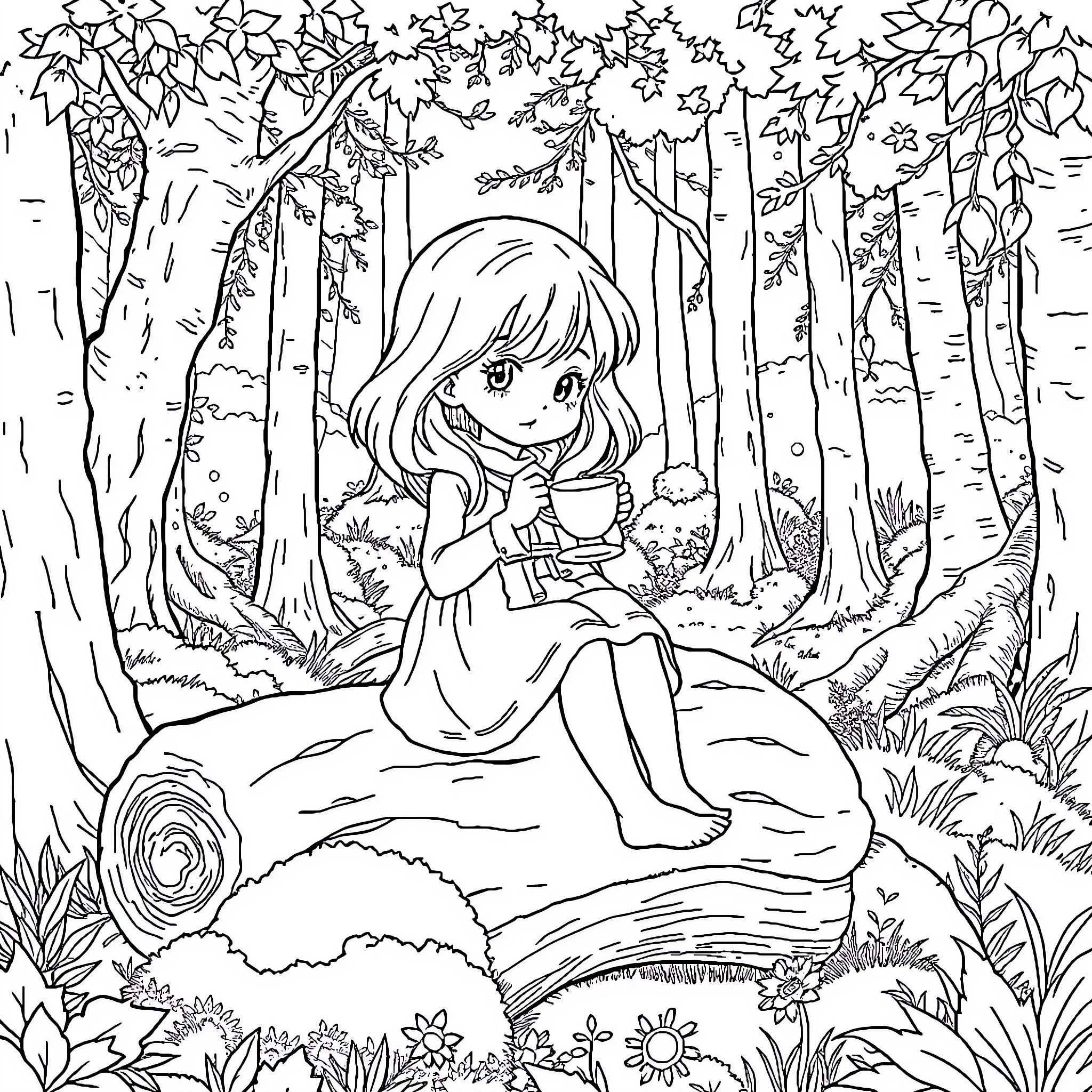 Girl relaxing in a serene forest setting Coloring Page (free black-and-white line drawing printable PDF for all, from beginners to advanced learners, including children, teens, adults, and seniors)